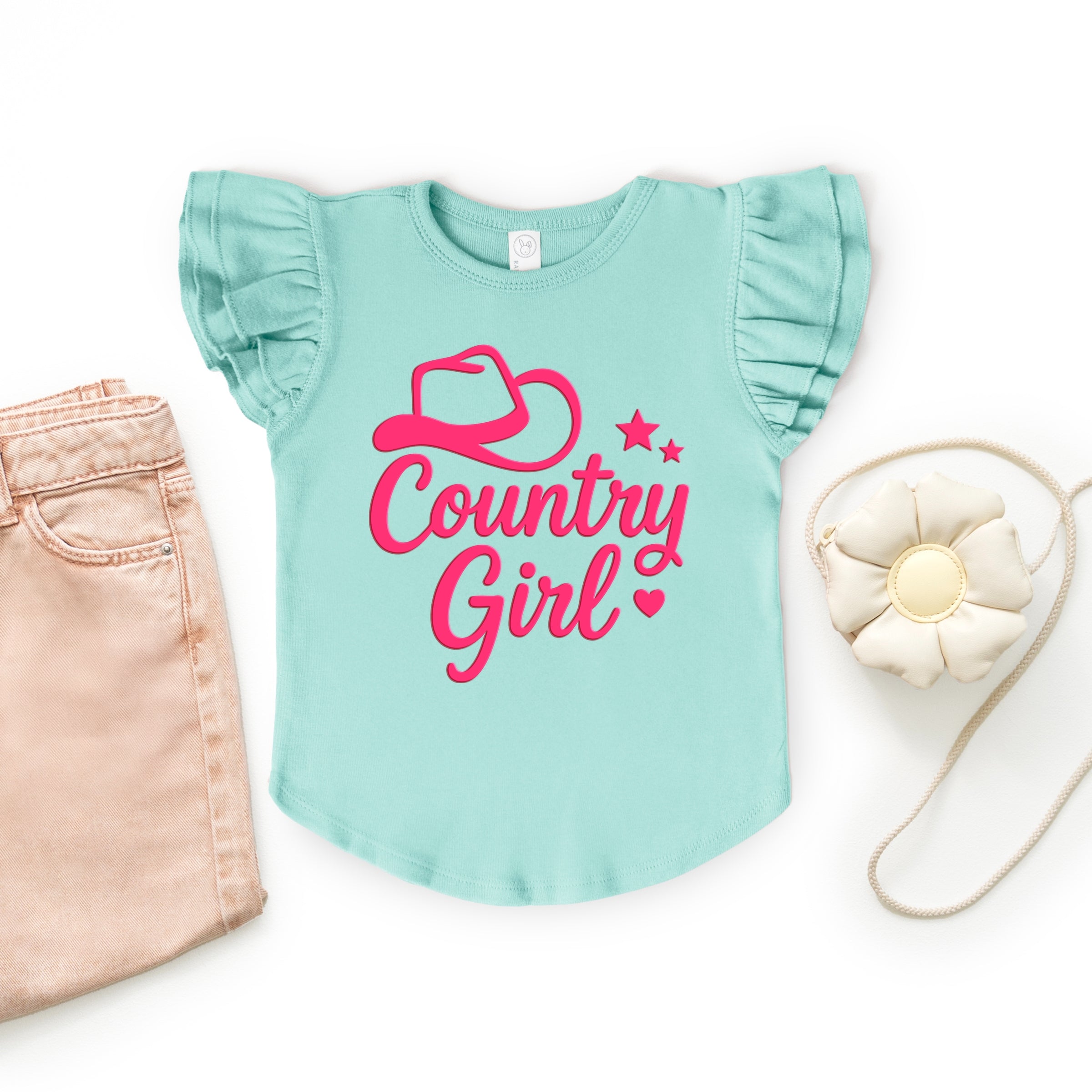 Country Girl Hat Puff Print - Flutter Sleeve Graphic T-Shirt