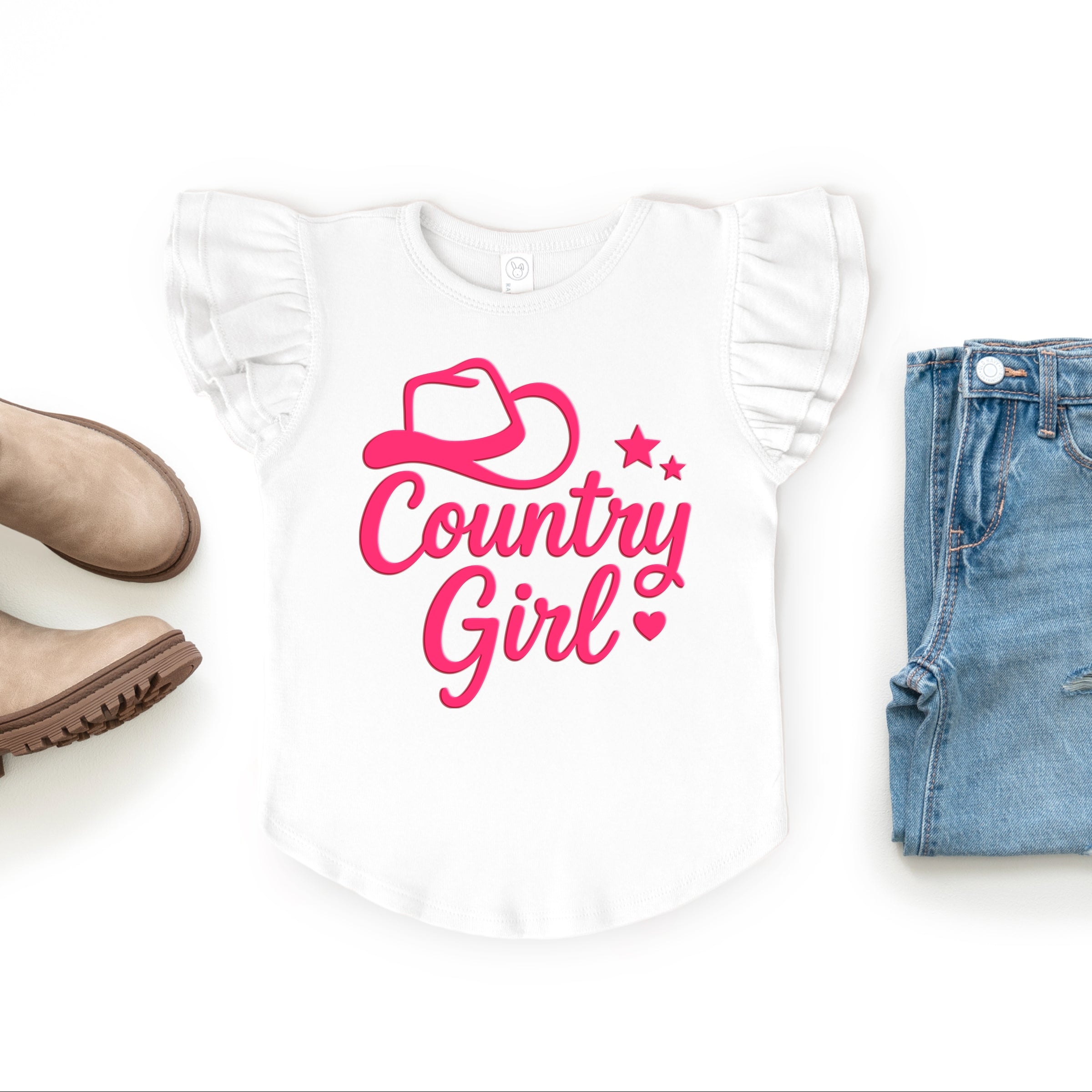 Country Girl Hat Puff Print - Flutter Sleeve Graphic T-Shirt