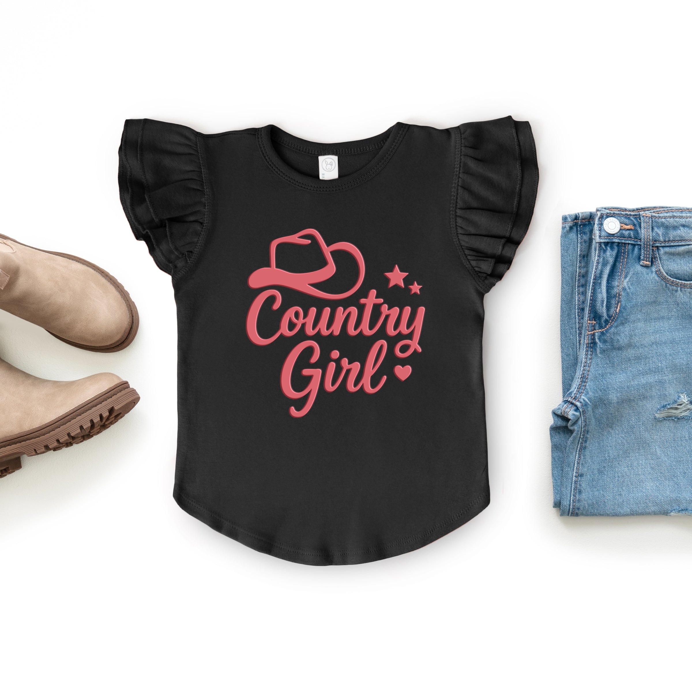 Country Girl Hat Puff Print - Flutter Sleeve Graphic T-Shirt
