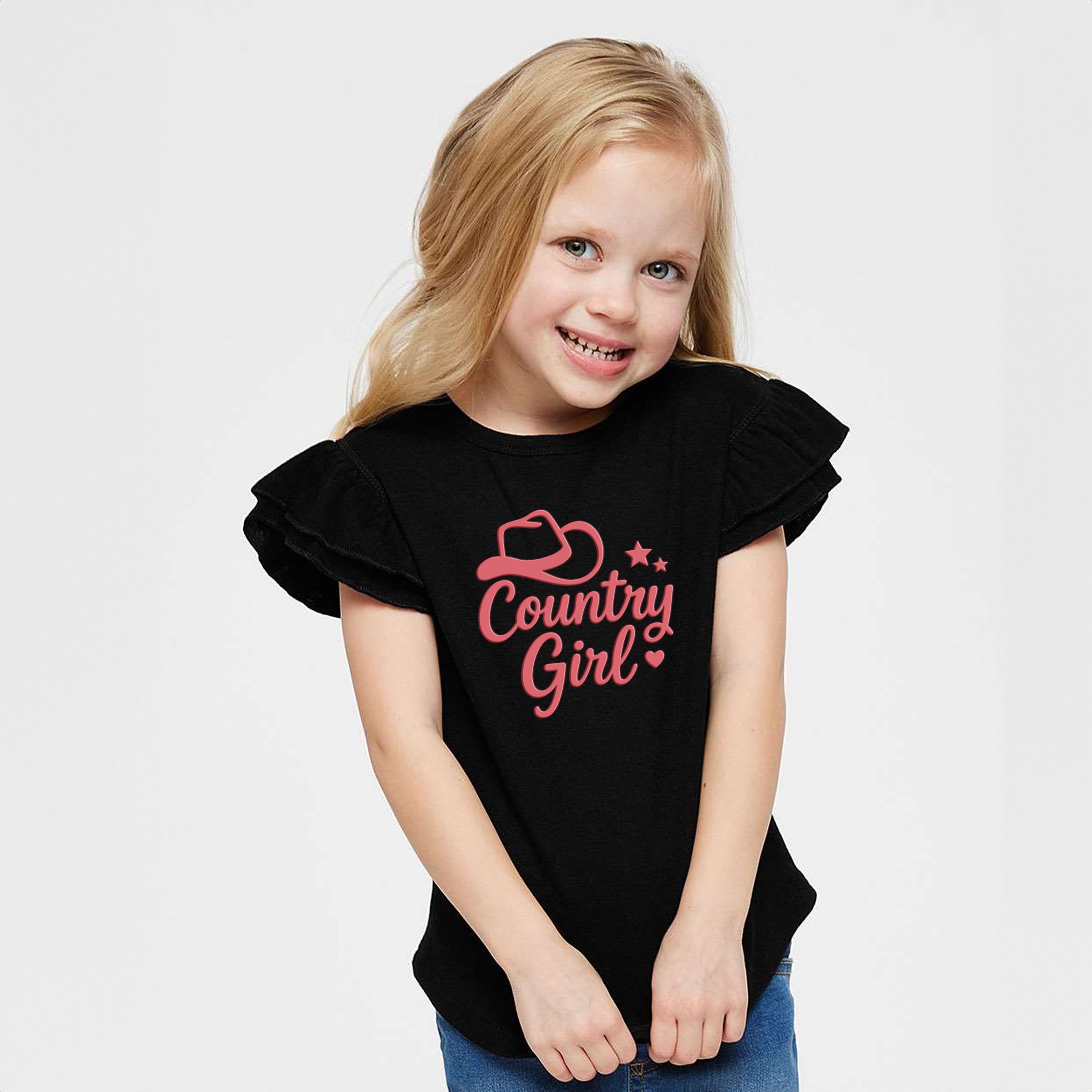 Country Girl Hat Puff Print - Flutter Sleeve Graphic T-Shirt