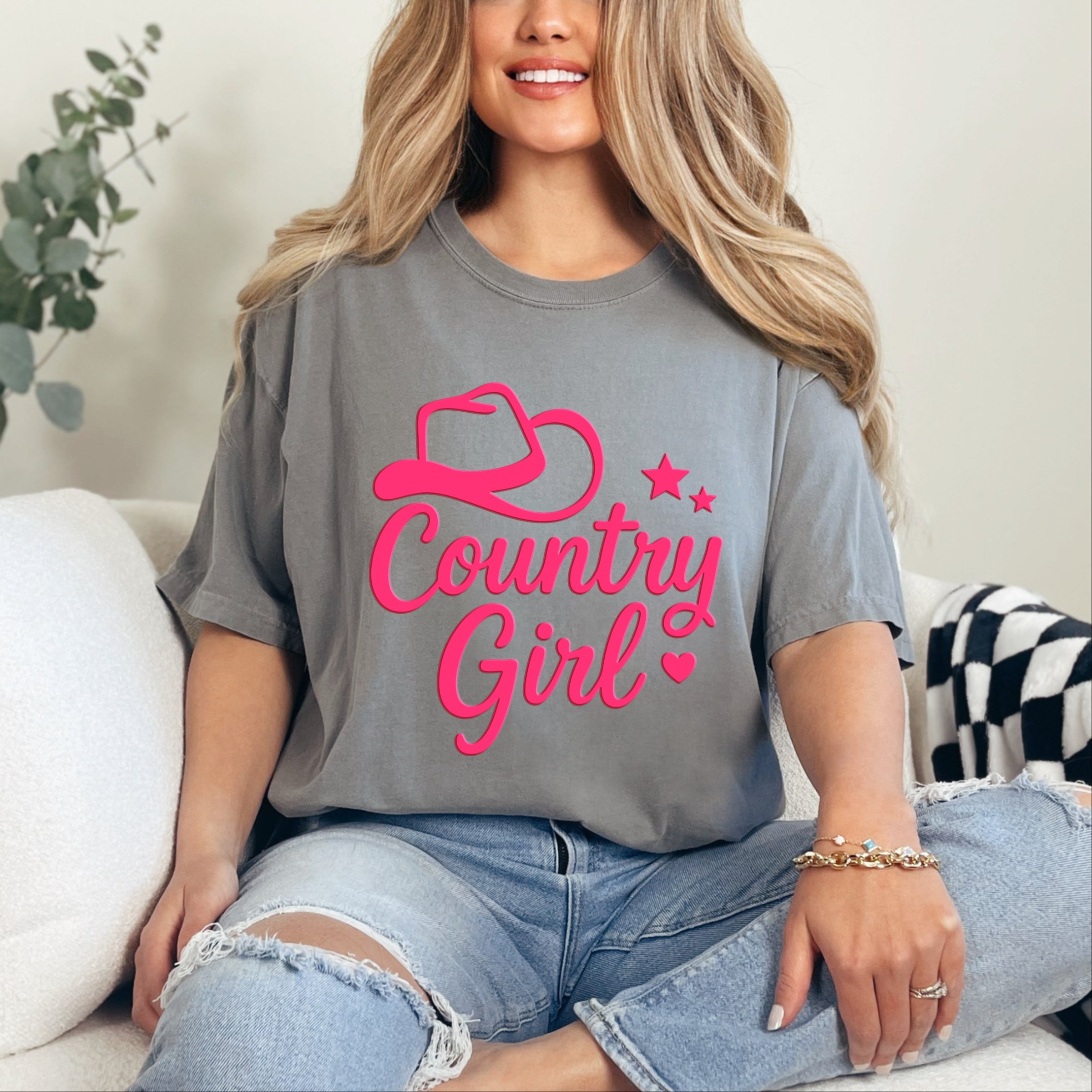 Country Girl Hat Puff Print - Womens Garment Dyed Graphic T-Shirt