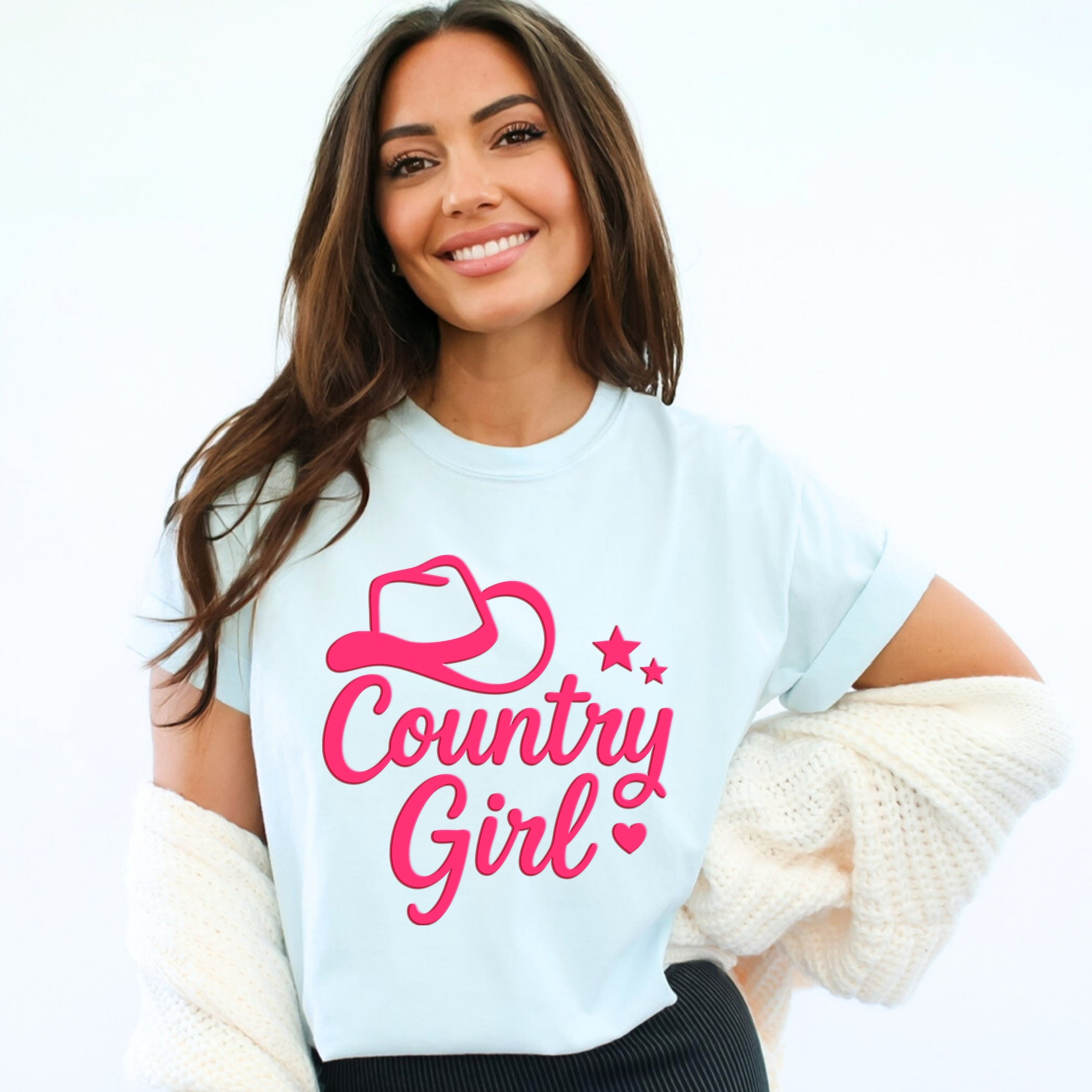 Country Girl Hat Puff Print - Womens Garment Dyed Graphic T-Shirt
