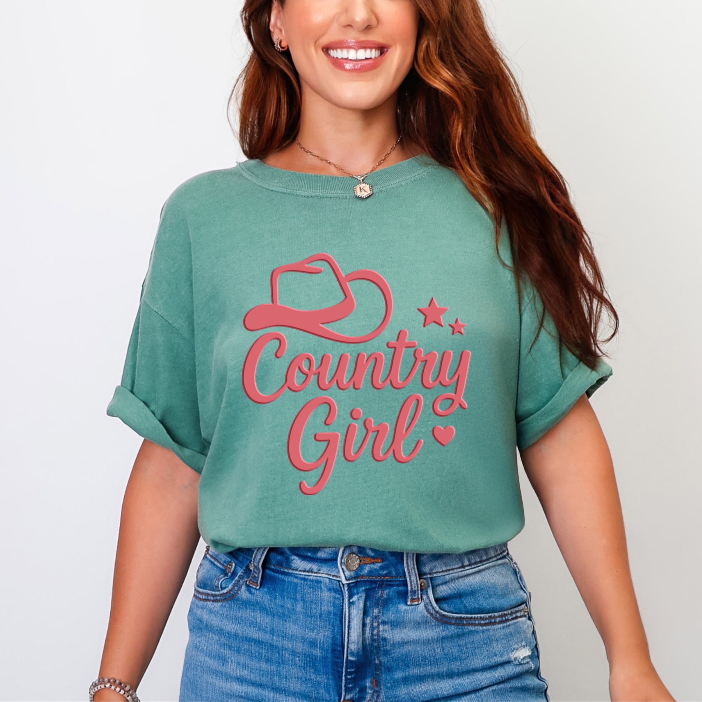 Country Girl Hat Puff Print - Womens Garment Dyed Graphic T-Shirt