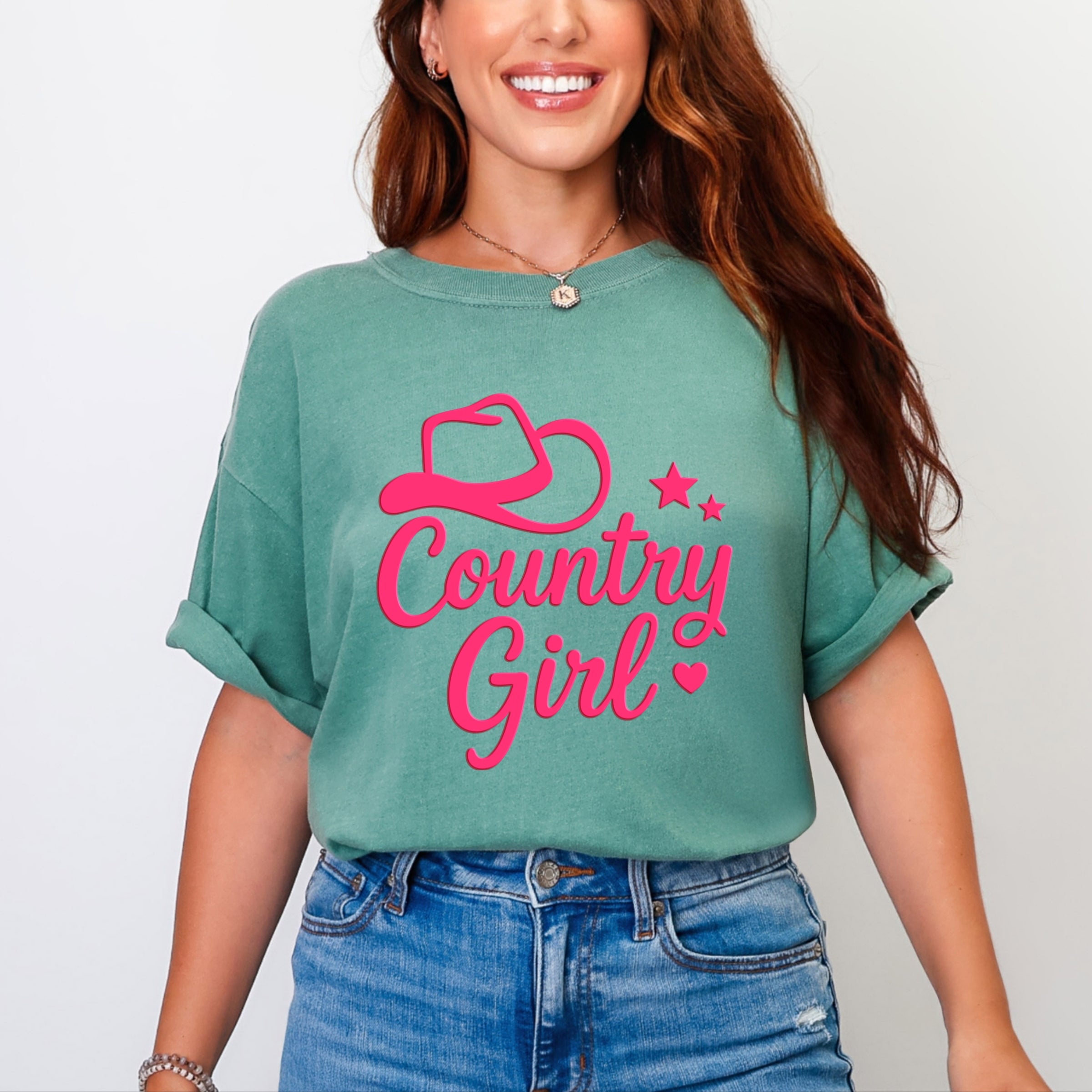 Country Girl Hat Puff Print - Womens Garment Dyed Graphic T-Shirt