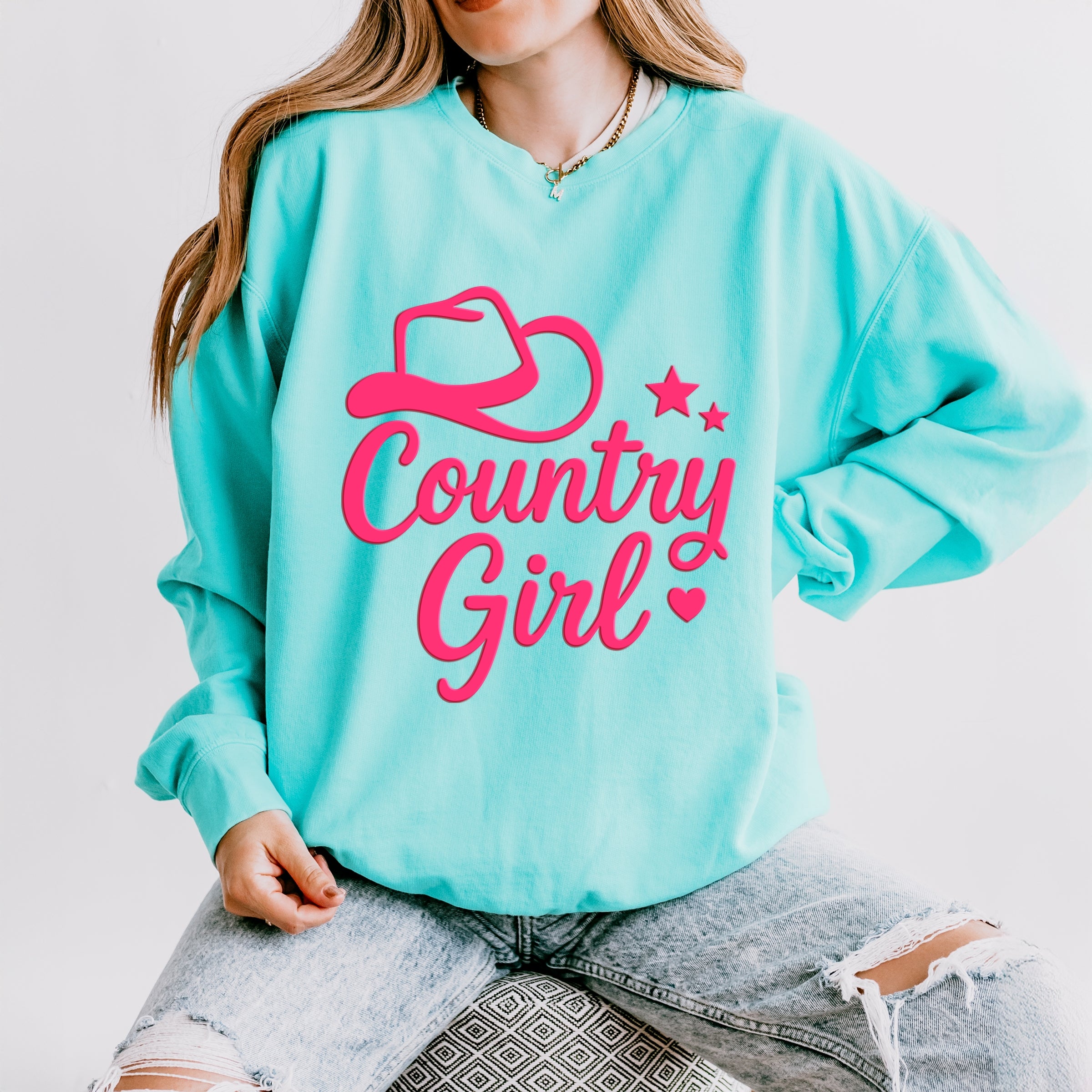 Country Girl Hat Puff Print - Womens Lightweight Garment Dyed Sweatshirt