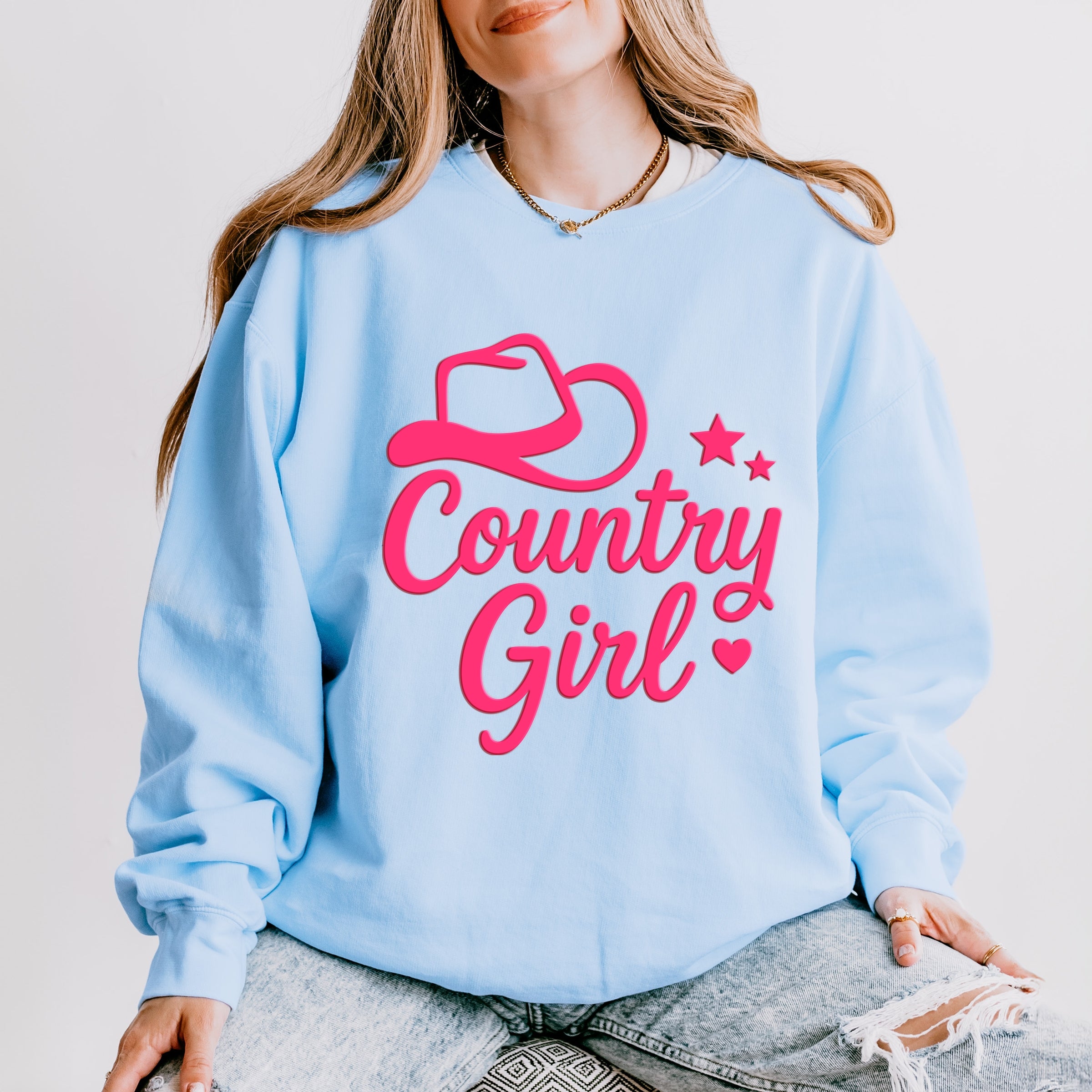 Country Girl Hat Puff Print - Womens Lightweight Garment Dyed Sweatshirt