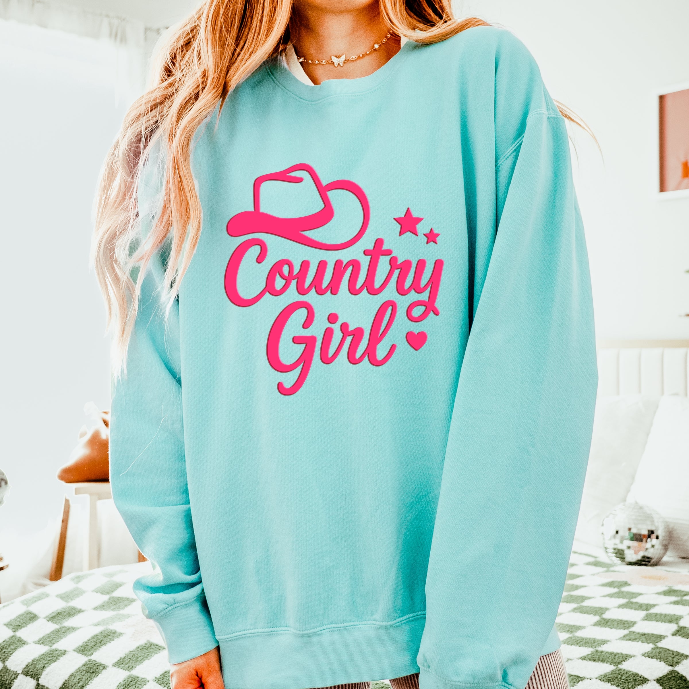 Country Girl Hat Puff Print - Womens Lightweight Garment Dyed Sweatshirt