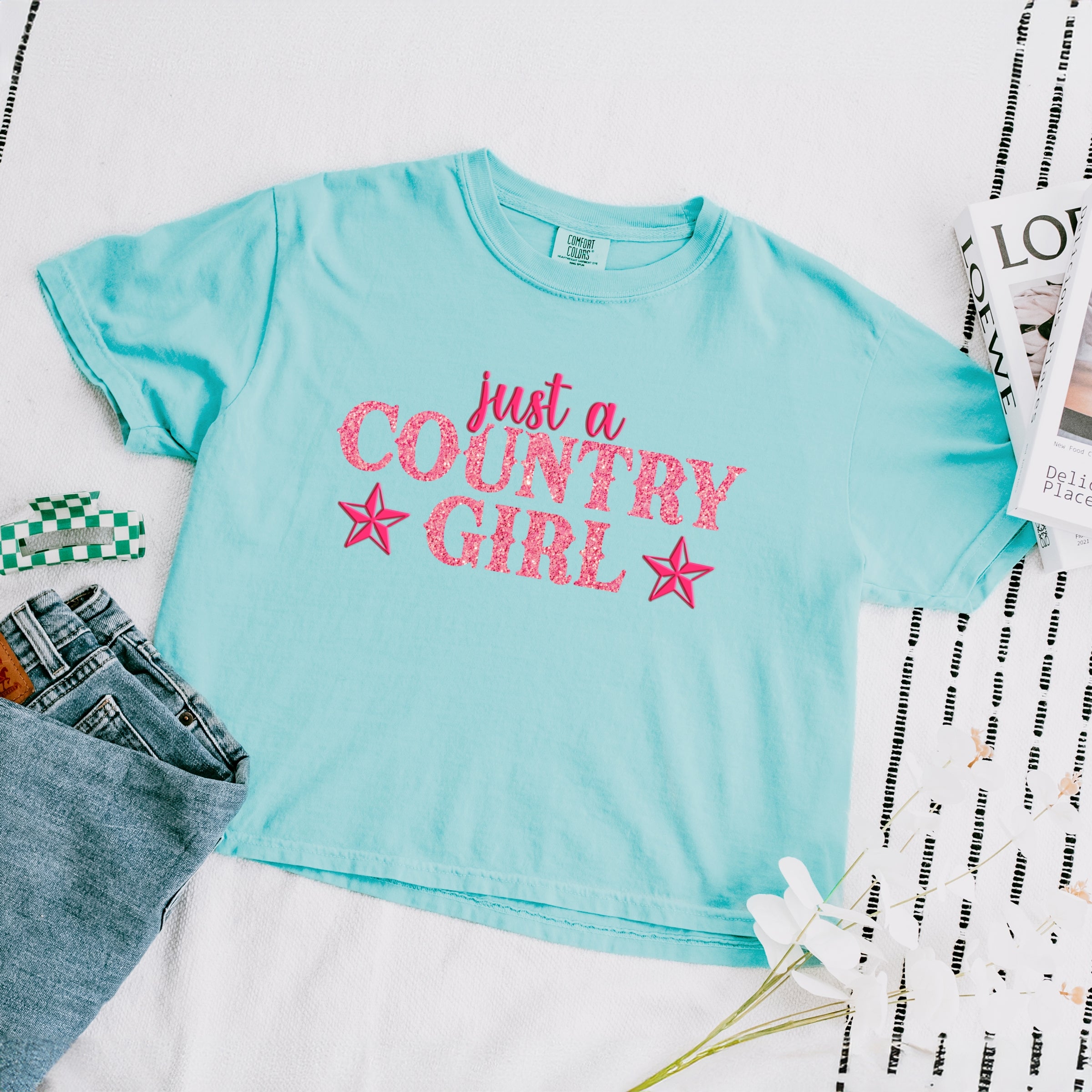 Just A Country Girl Stars Glitter/Puff Print - Womens Boxy Crop Top Graphic T-Shirt