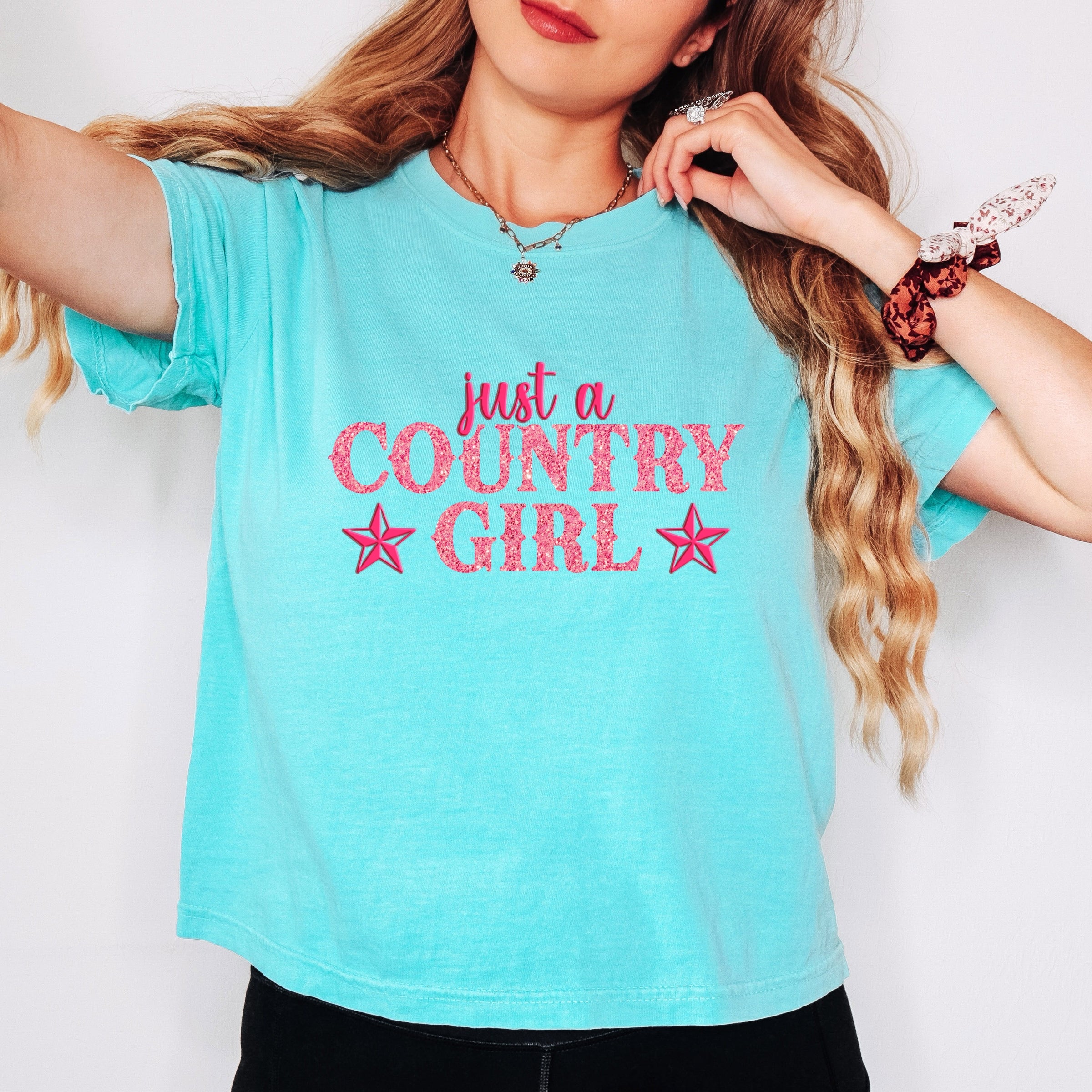 Just A Country Girl Stars Glitter/Puff Print - Womens Boxy Crop Top Graphic T-Shirt
