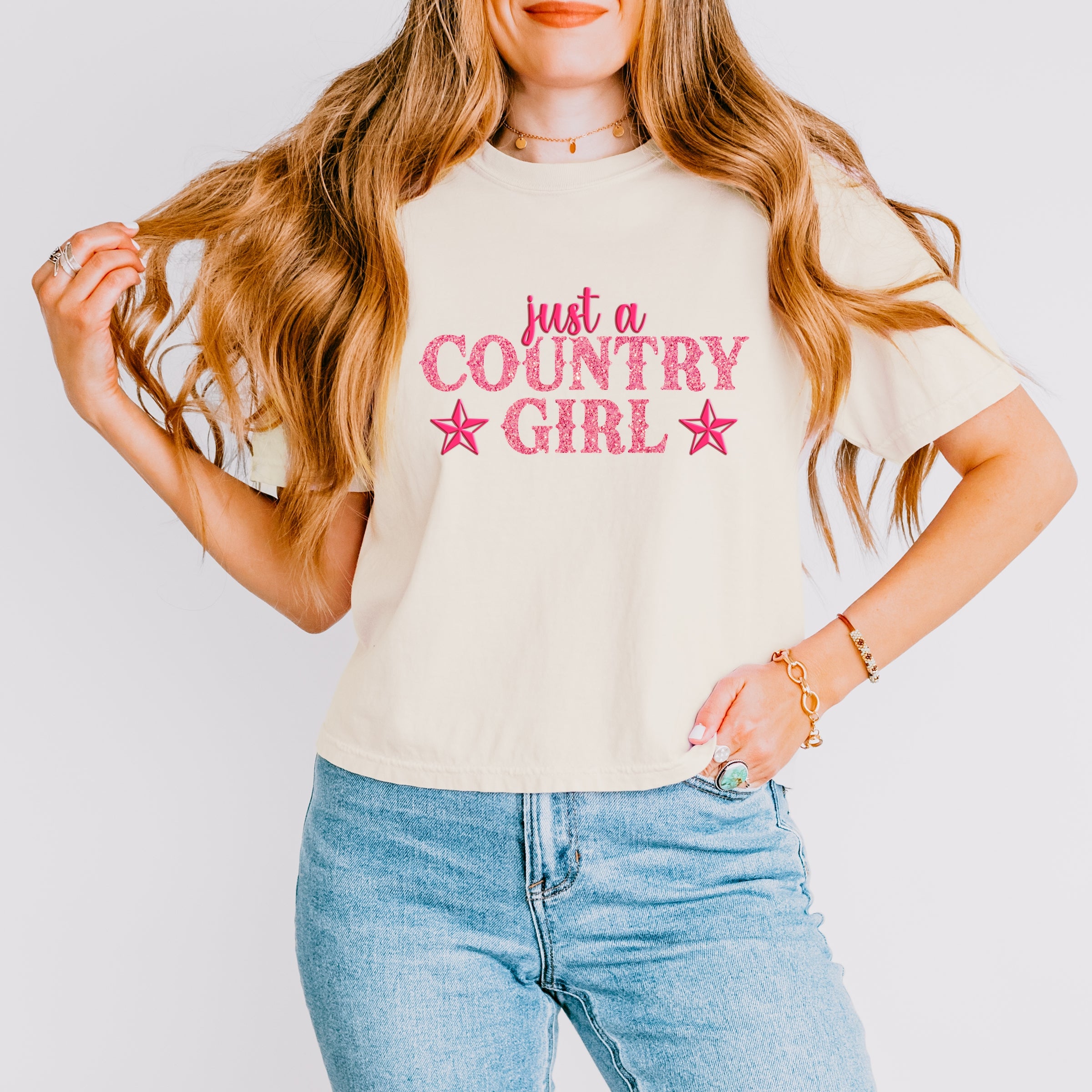 Just A Country Girl Stars Glitter/Puff Print - Womens Boxy Crop Top Graphic T-Shirt