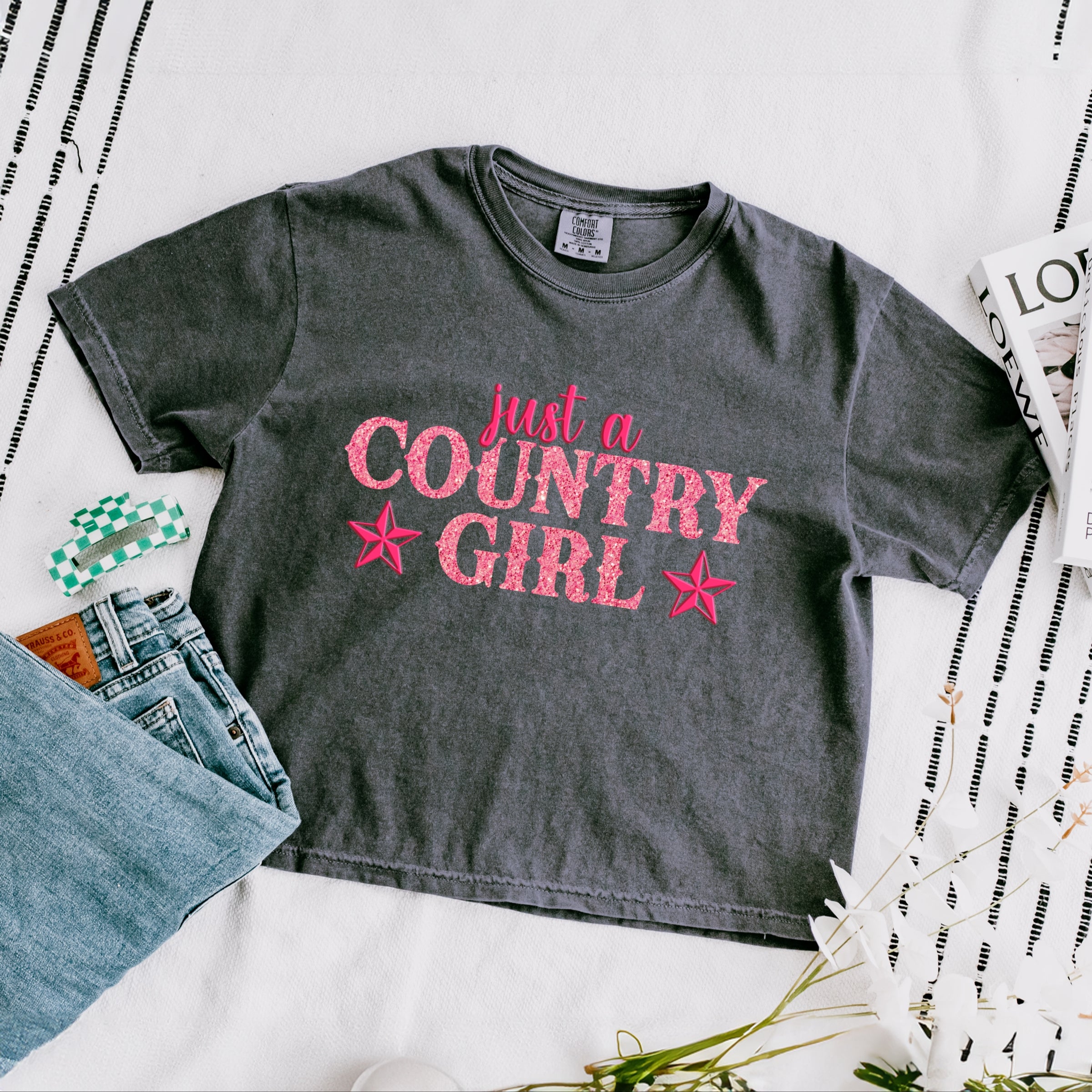 Just A Country Girl Stars Glitter/Puff Print - Womens Boxy Crop Top Graphic T-Shirt