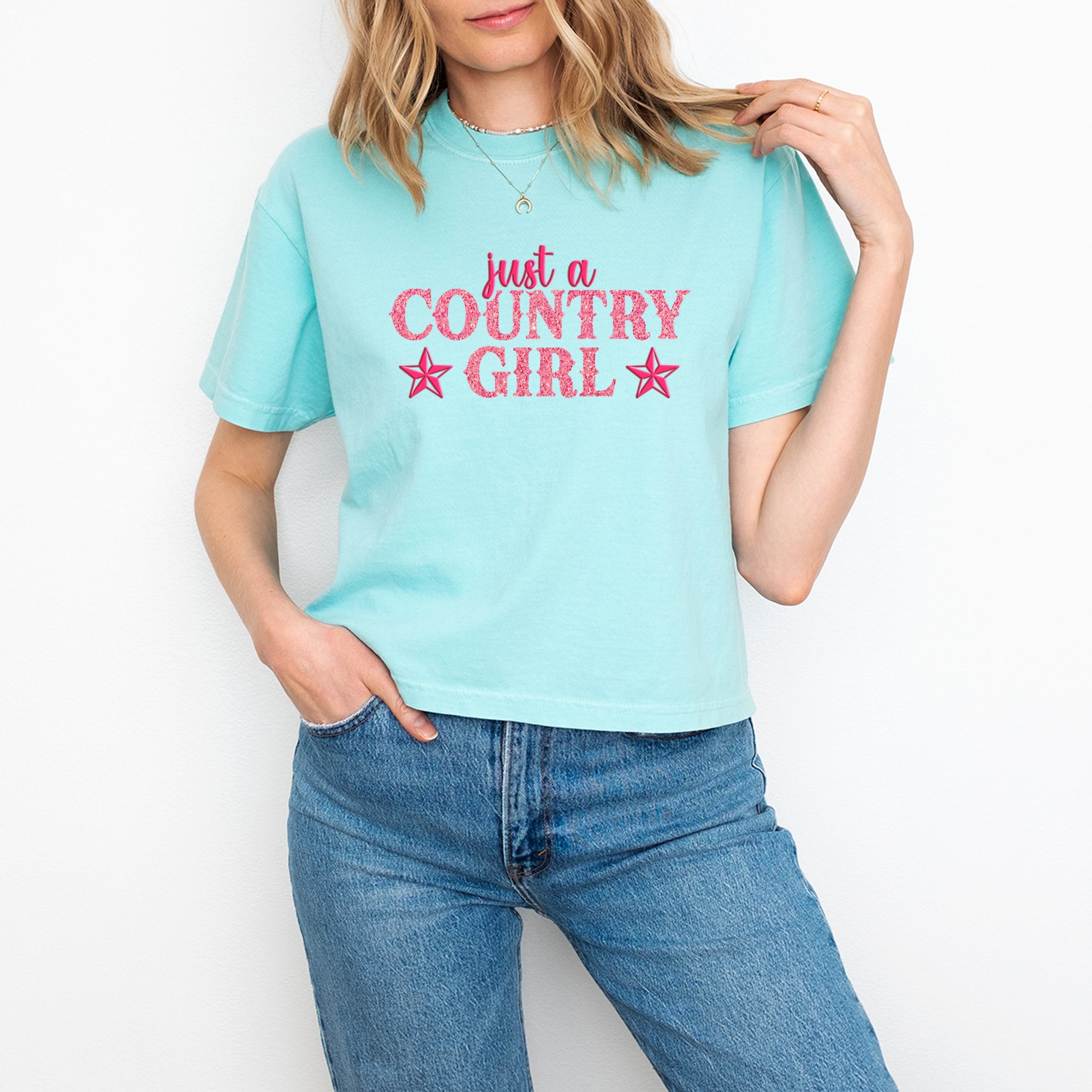 Just A Country Girl Stars Glitter/Puff Print - Womens Boxy Crop Top Graphic T-Shirt
