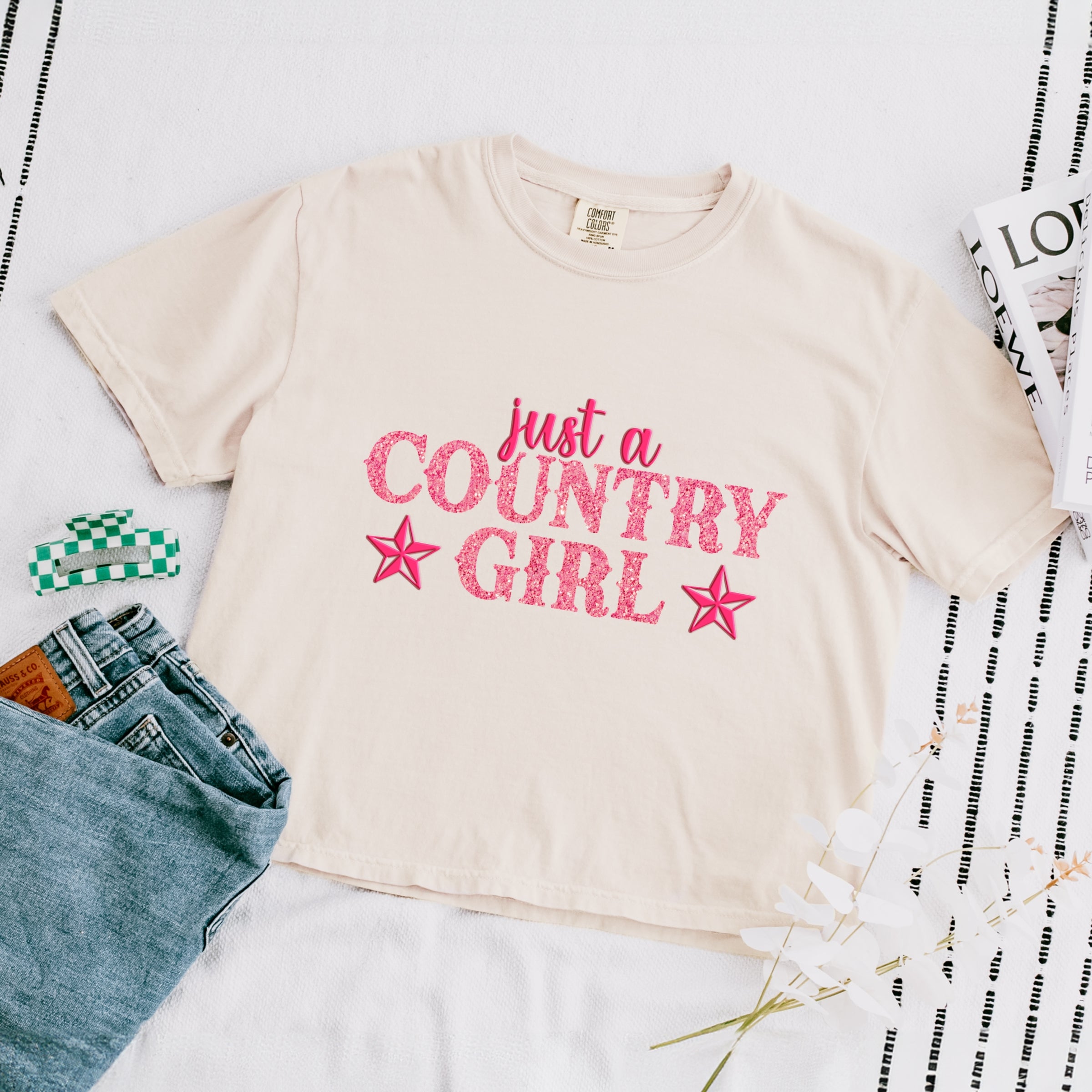 Just A Country Girl Stars Glitter/Puff Print - Womens Boxy Crop Top Graphic T-Shirt