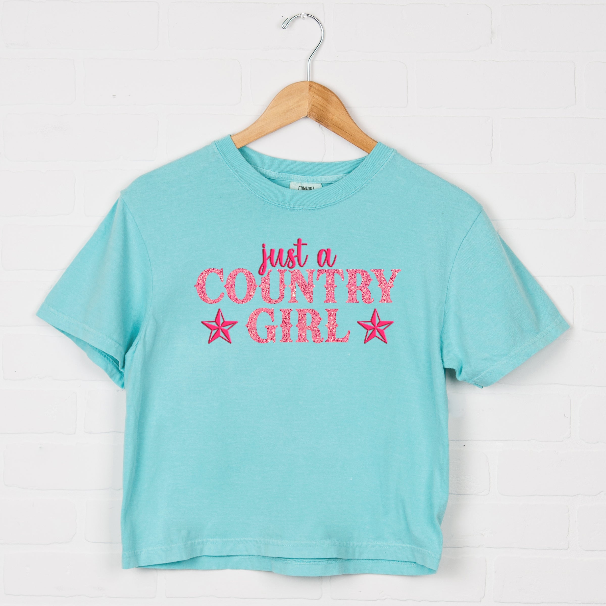 Just A Country Girl Stars Glitter/Puff Print - Womens Boxy Crop Top Graphic T-Shirt