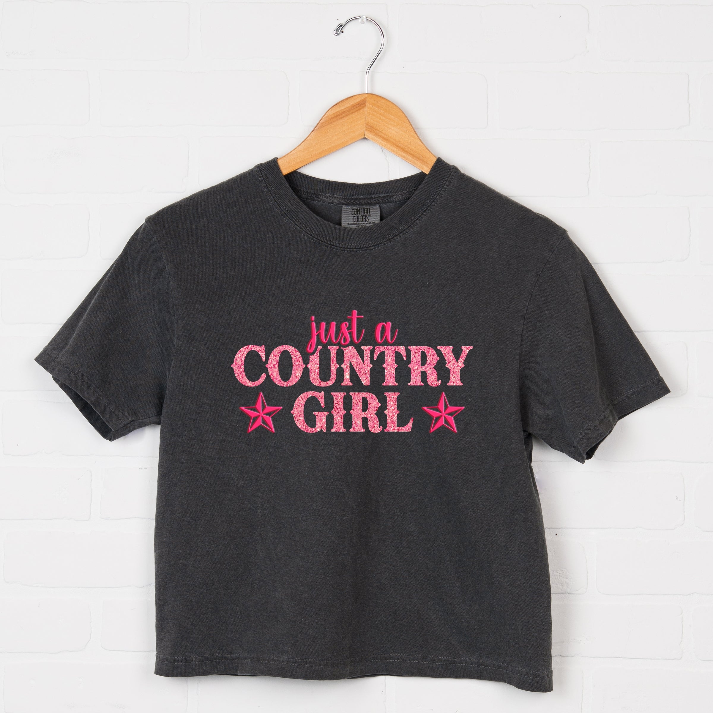 Just A Country Girl Stars Glitter/Puff Print - Womens Boxy Crop Top Graphic T-Shirt