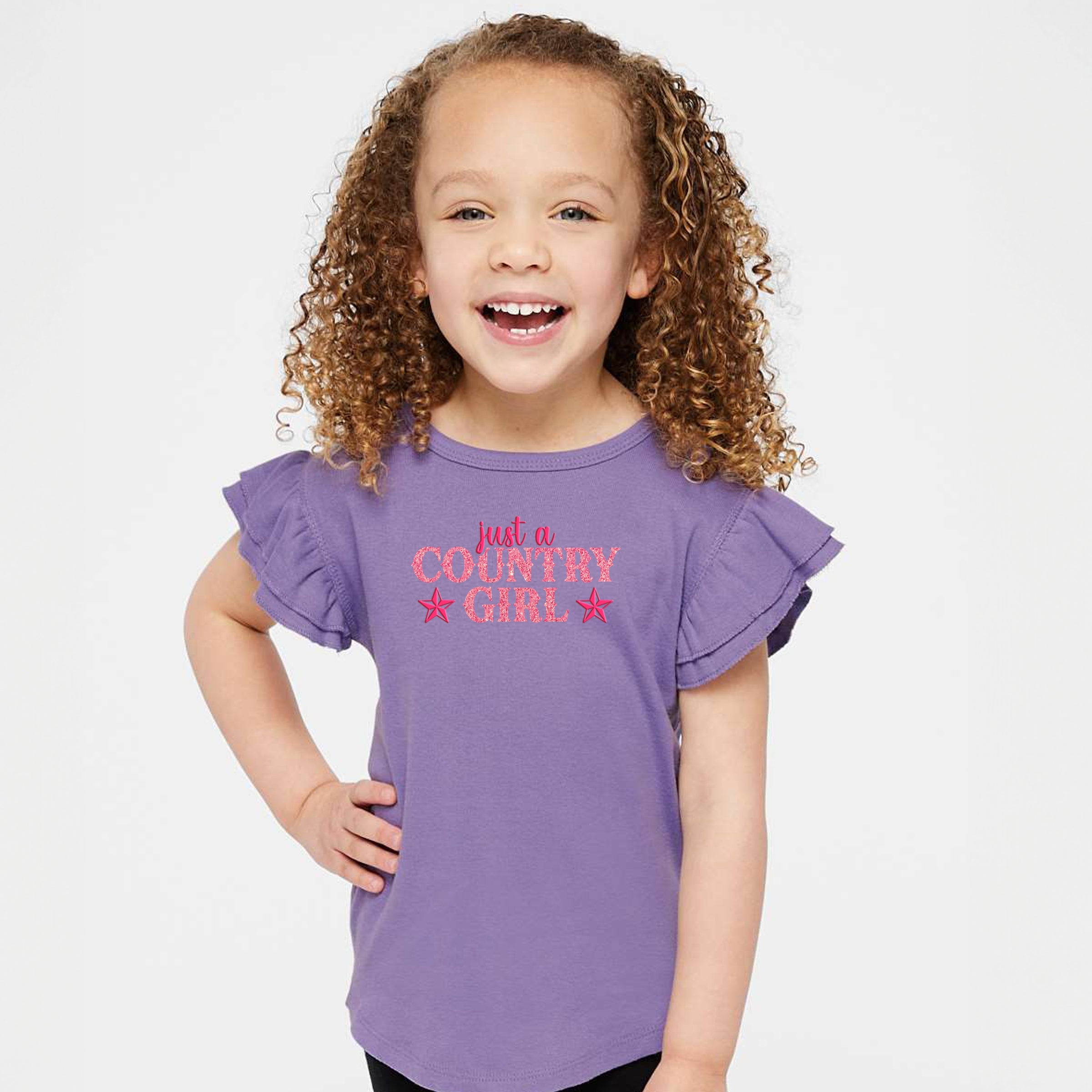 Just A Country Girl Stars Glitter/Puff Print - Flutter Sleeve Graphic T-Shirt