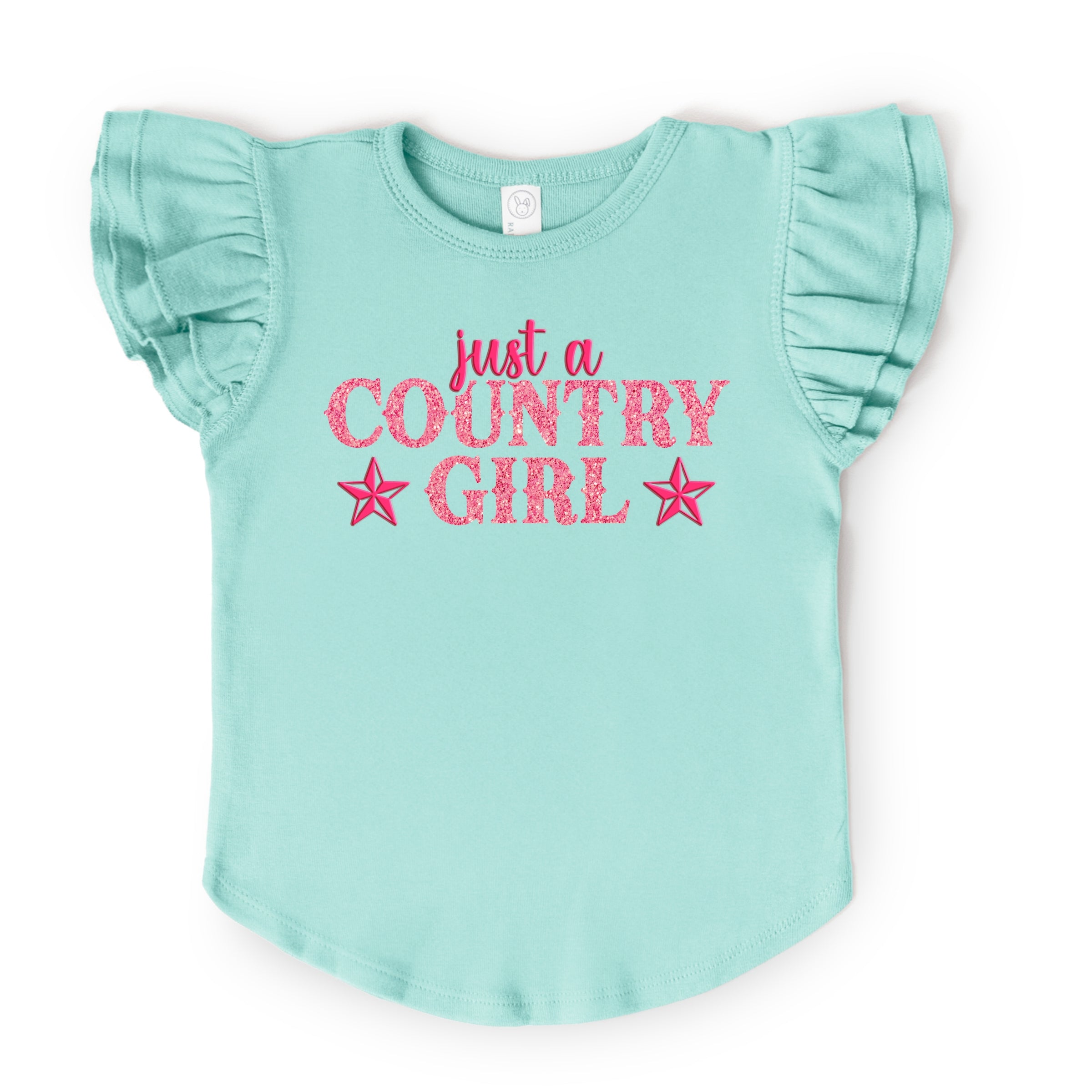 Just A Country Girl Stars Glitter/Puff Print - Flutter Sleeve Graphic T-Shirt