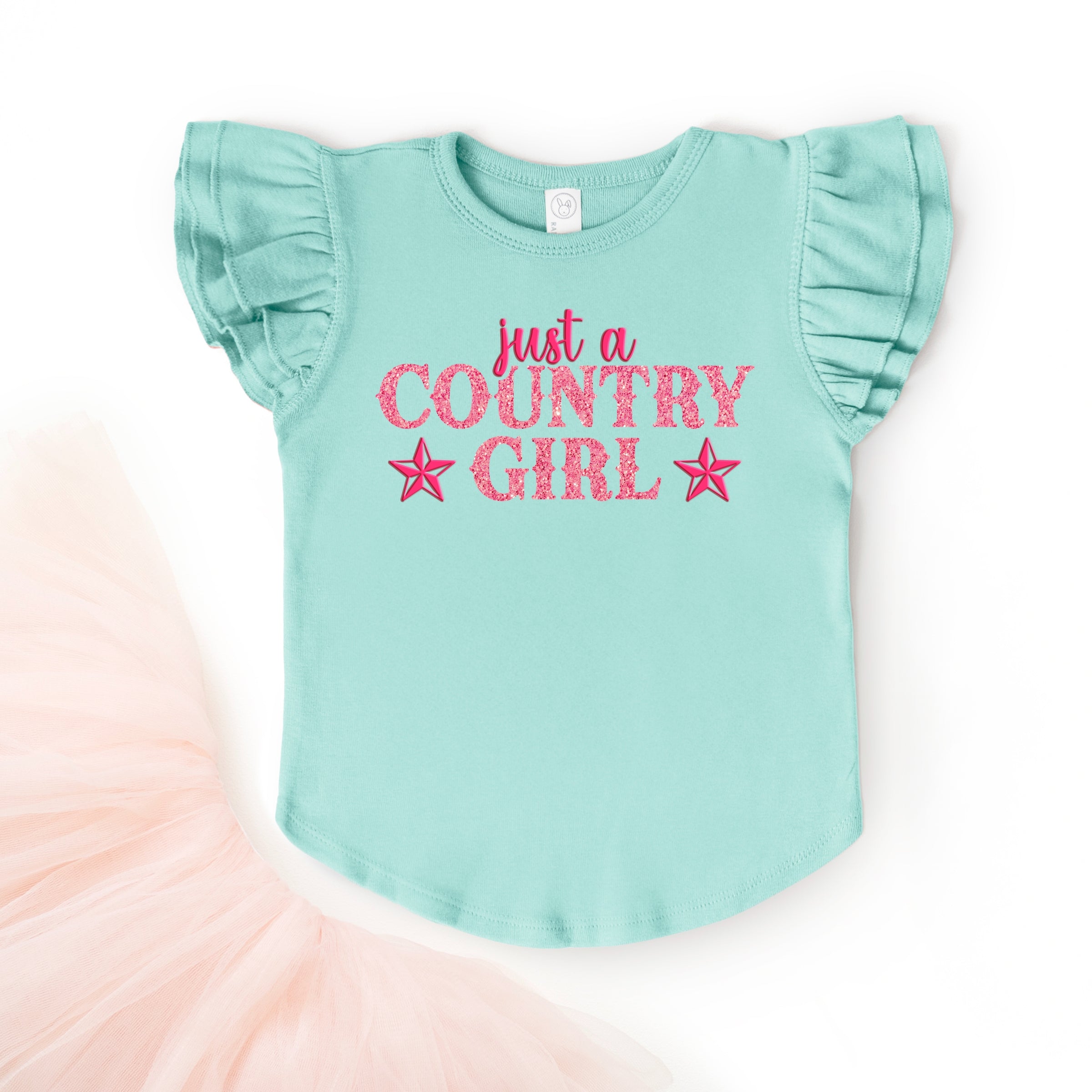Just A Country Girl Stars Glitter/Puff Print - Flutter Sleeve Graphic T-Shirt
