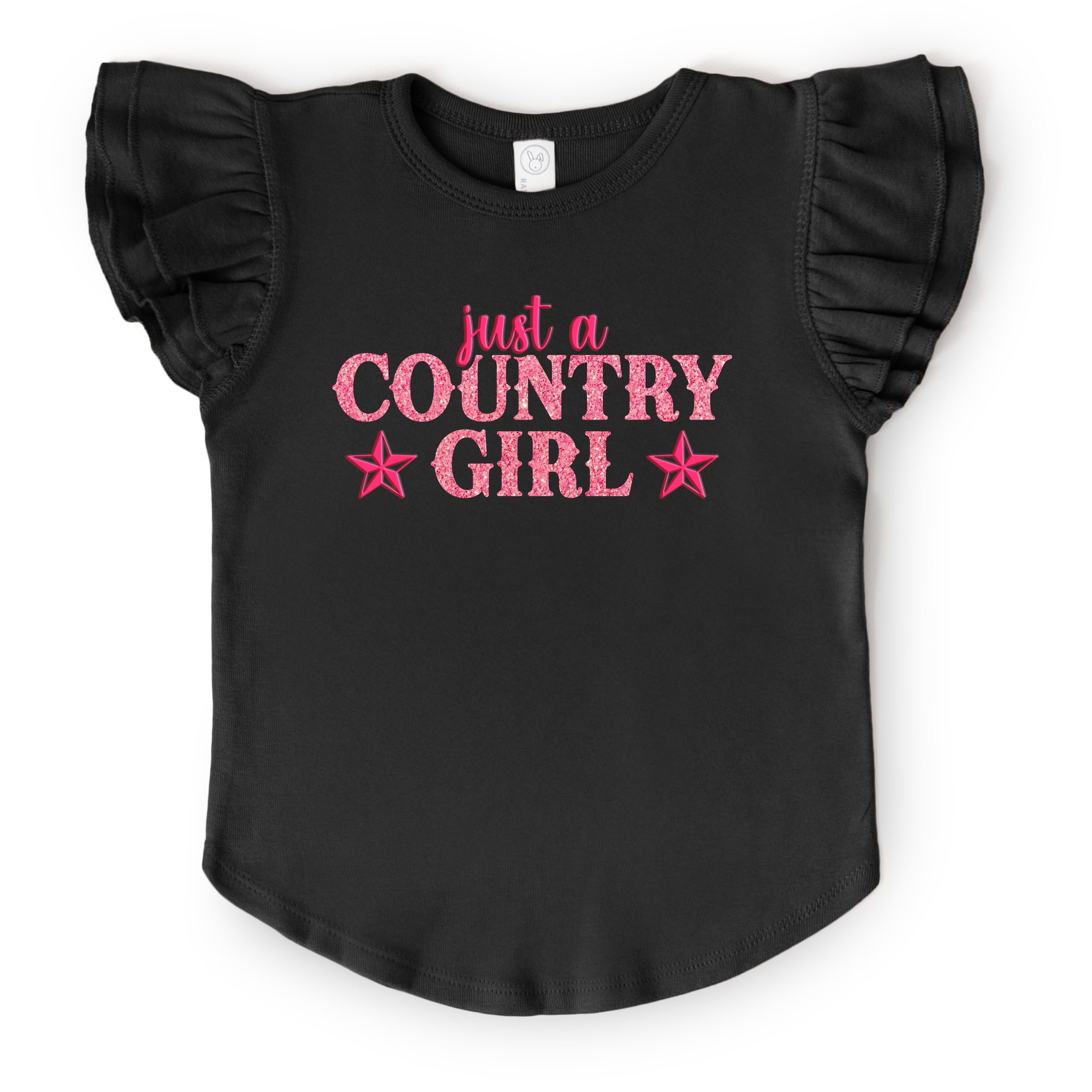 Just A Country Girl Stars Glitter/Puff Print - Flutter Sleeve Graphic T-Shirt
