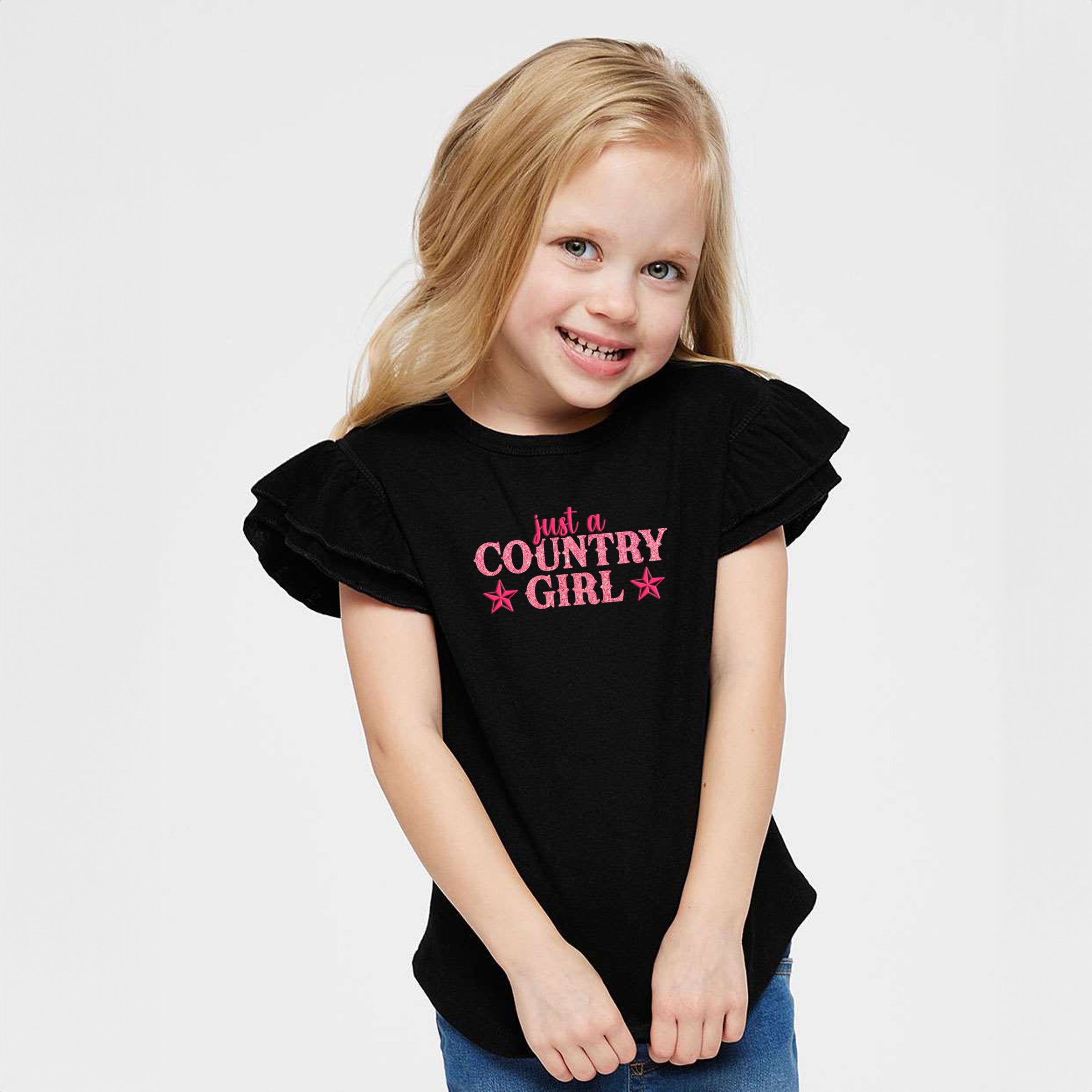Just A Country Girl Stars Glitter/Puff Print - Flutter Sleeve Graphic T-Shirt