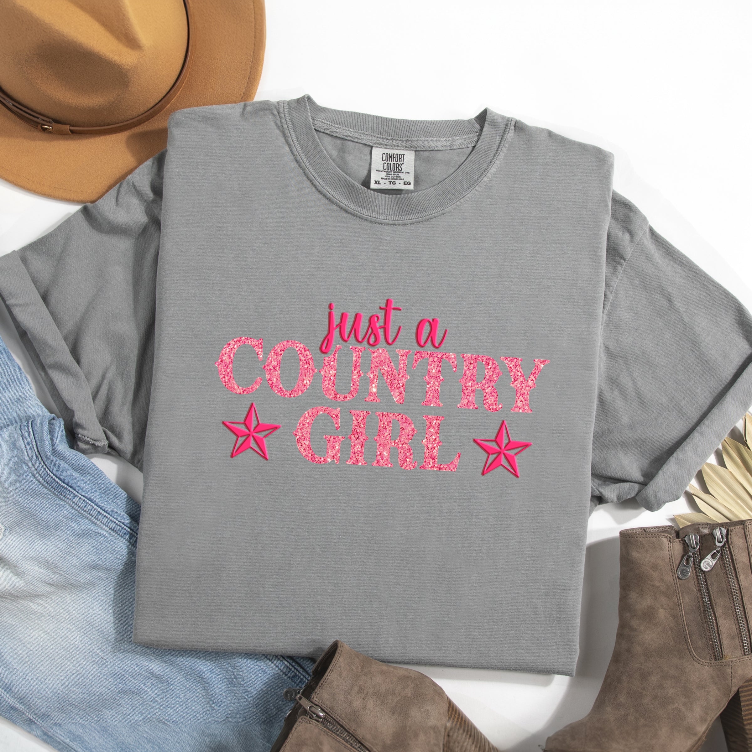 Just A Country Girl Stars Glitter/Puff Print - Womens Garment Dyed Graphic T-Shirt