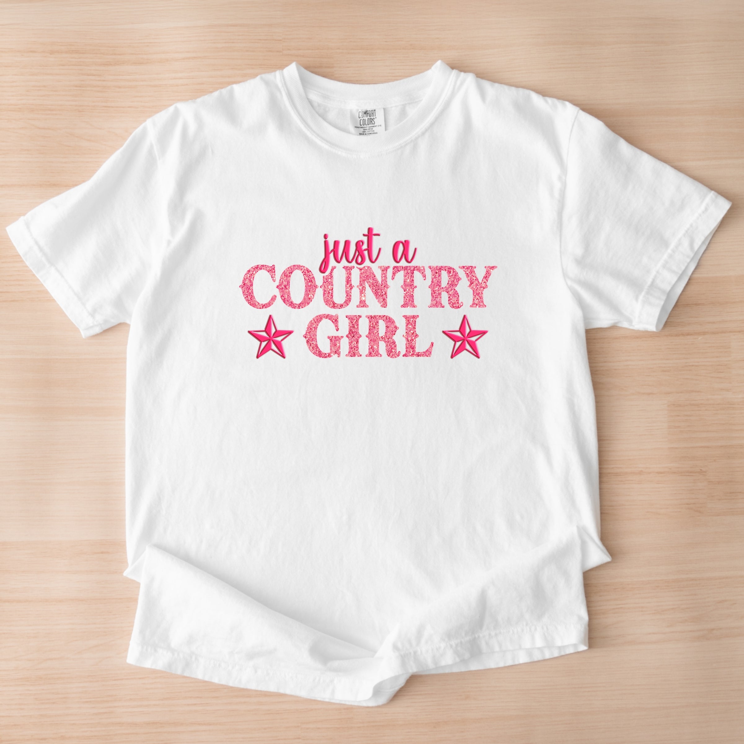 Just A Country Girl Stars Glitter/Puff Print - Womens Garment Dyed Graphic T-Shirt