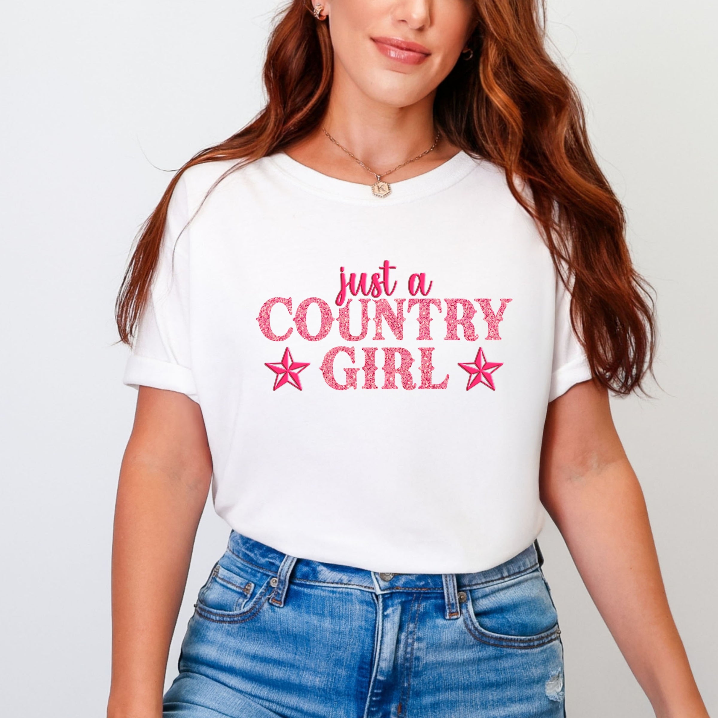 Just A Country Girl Stars Glitter/Puff Print - Womens Garment Dyed Graphic T-Shirt