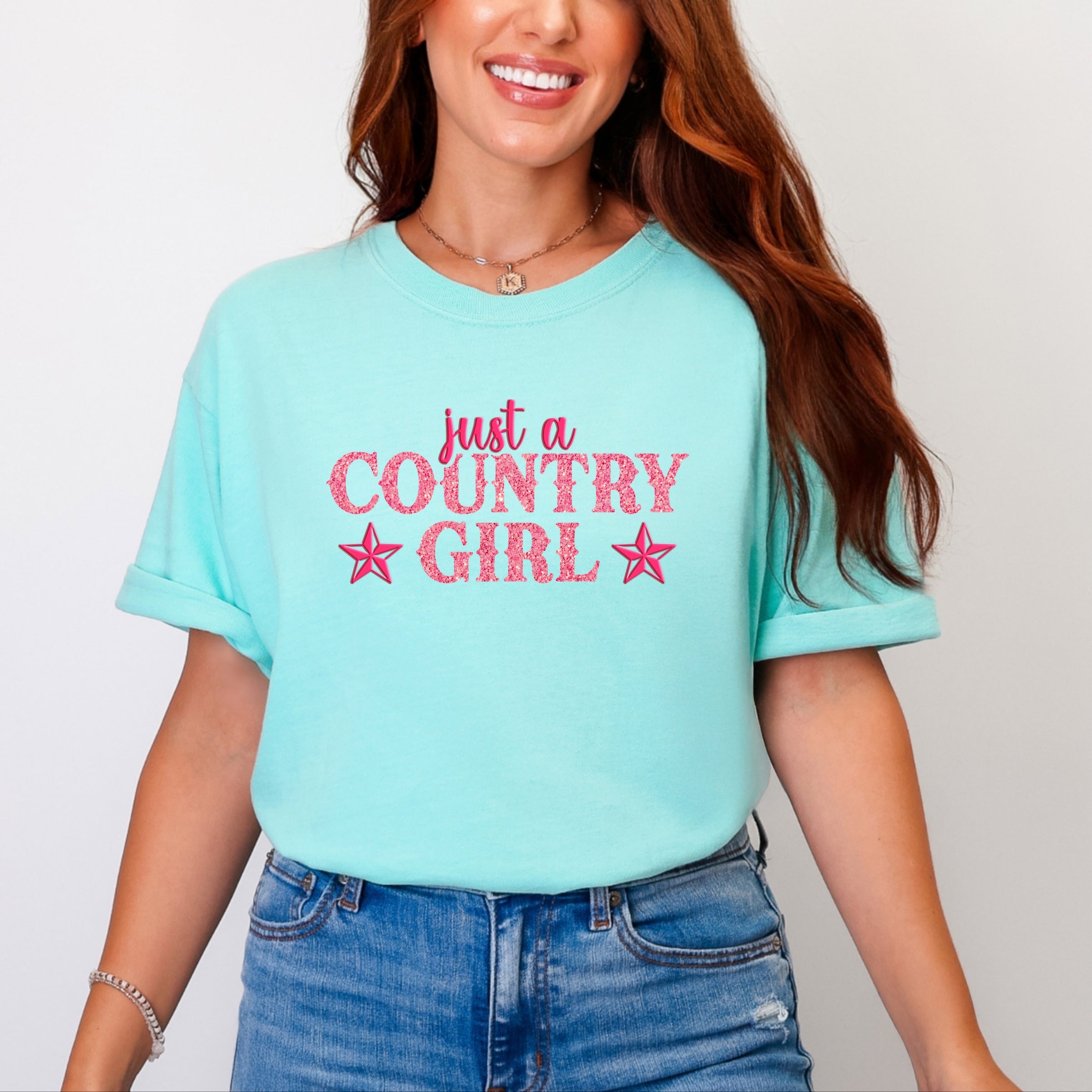 Just A Country Girl Stars Glitter/Puff Print - Womens Garment Dyed Graphic T-Shirt