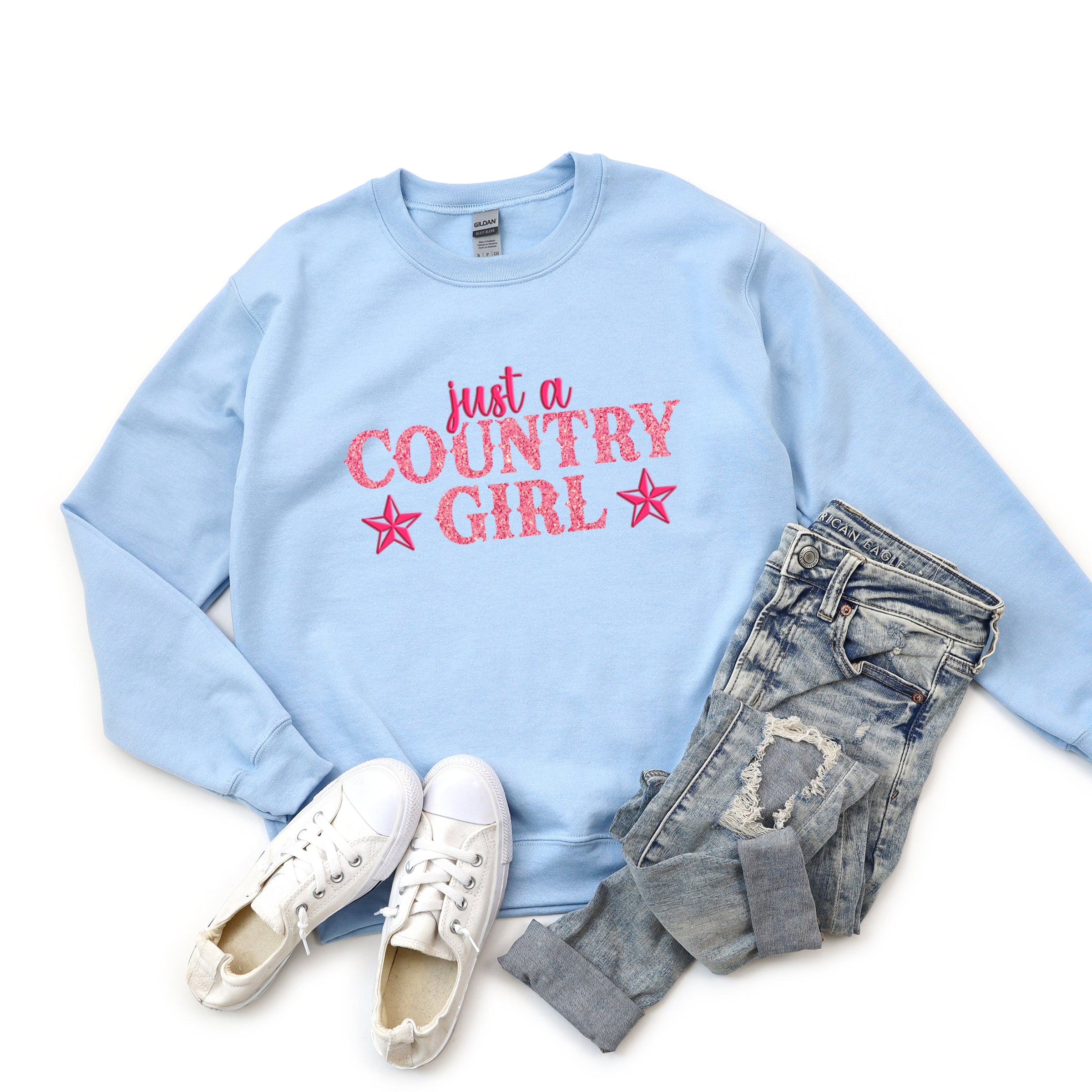 Just A Country Girl Stars Glitter/Puff Print - Womens Graphic Sweatshirt