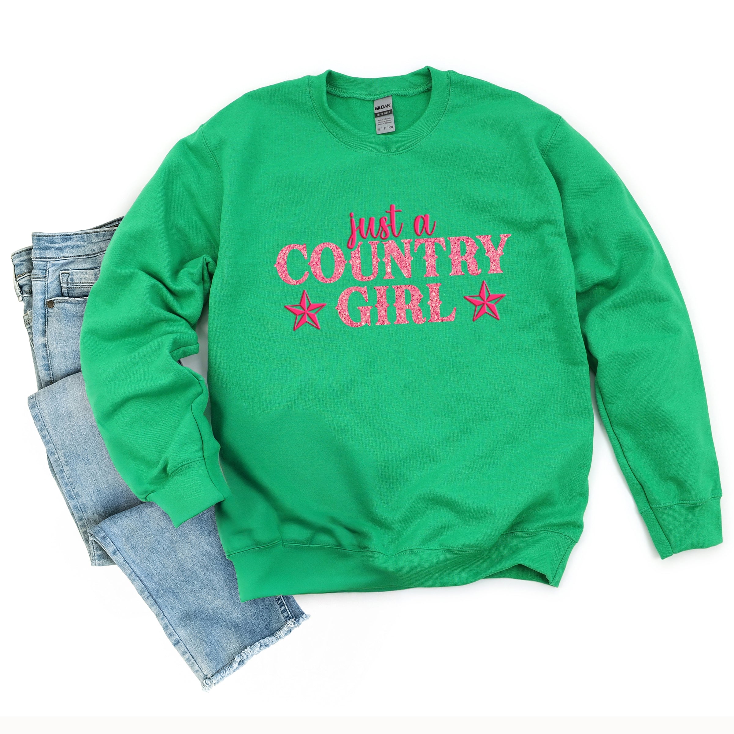 Just A Country Girl Stars Glitter/Puff Print - Womens Graphic Sweatshirt