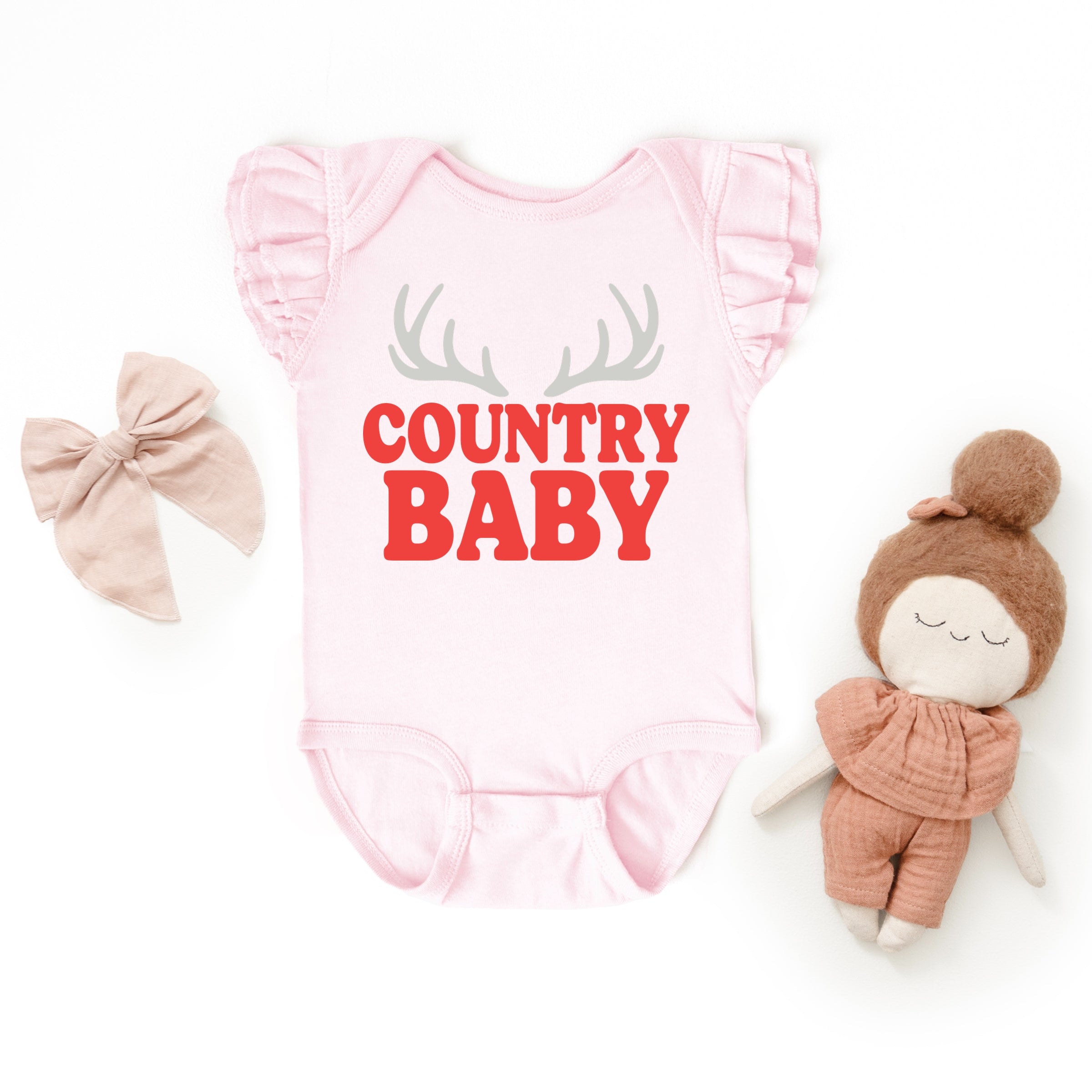 Country Baby Antlers Puff Print - Baby Flutter Sleeve Bodysuit
