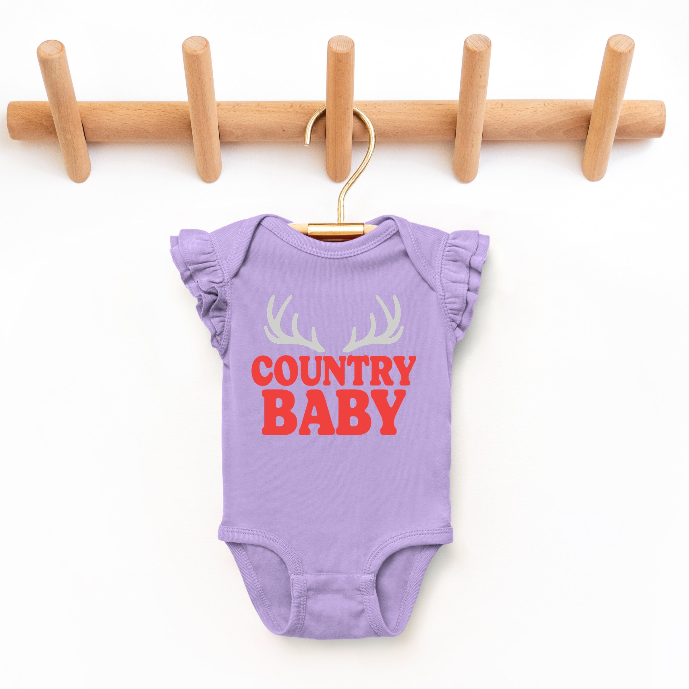 Country Baby Antlers Puff Print - Baby Flutter Sleeve Bodysuit