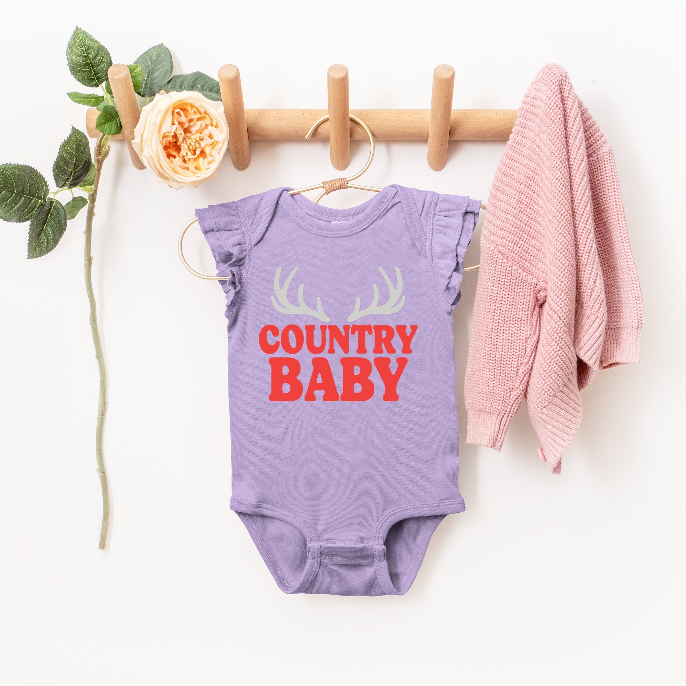 Country Baby Antlers Puff Print - Baby Flutter Sleeve Bodysuit