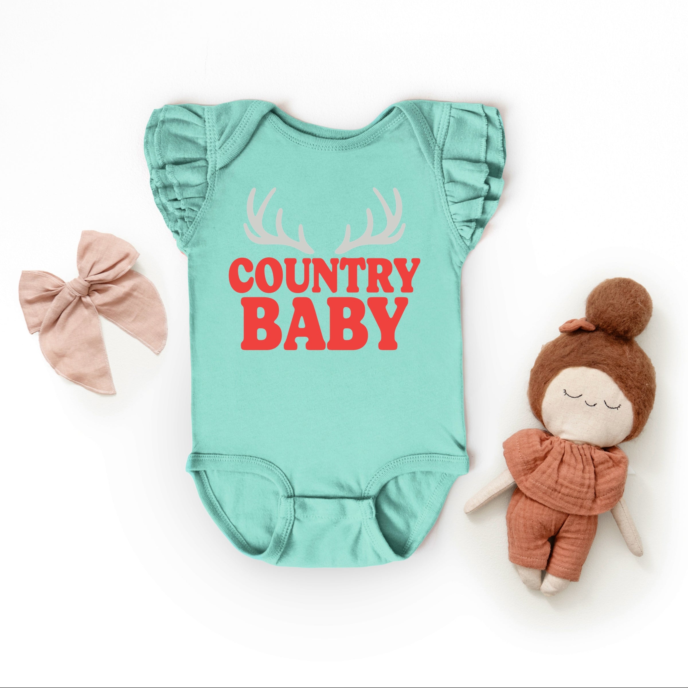 Country Baby Antlers Puff Print - Baby Flutter Sleeve Bodysuit