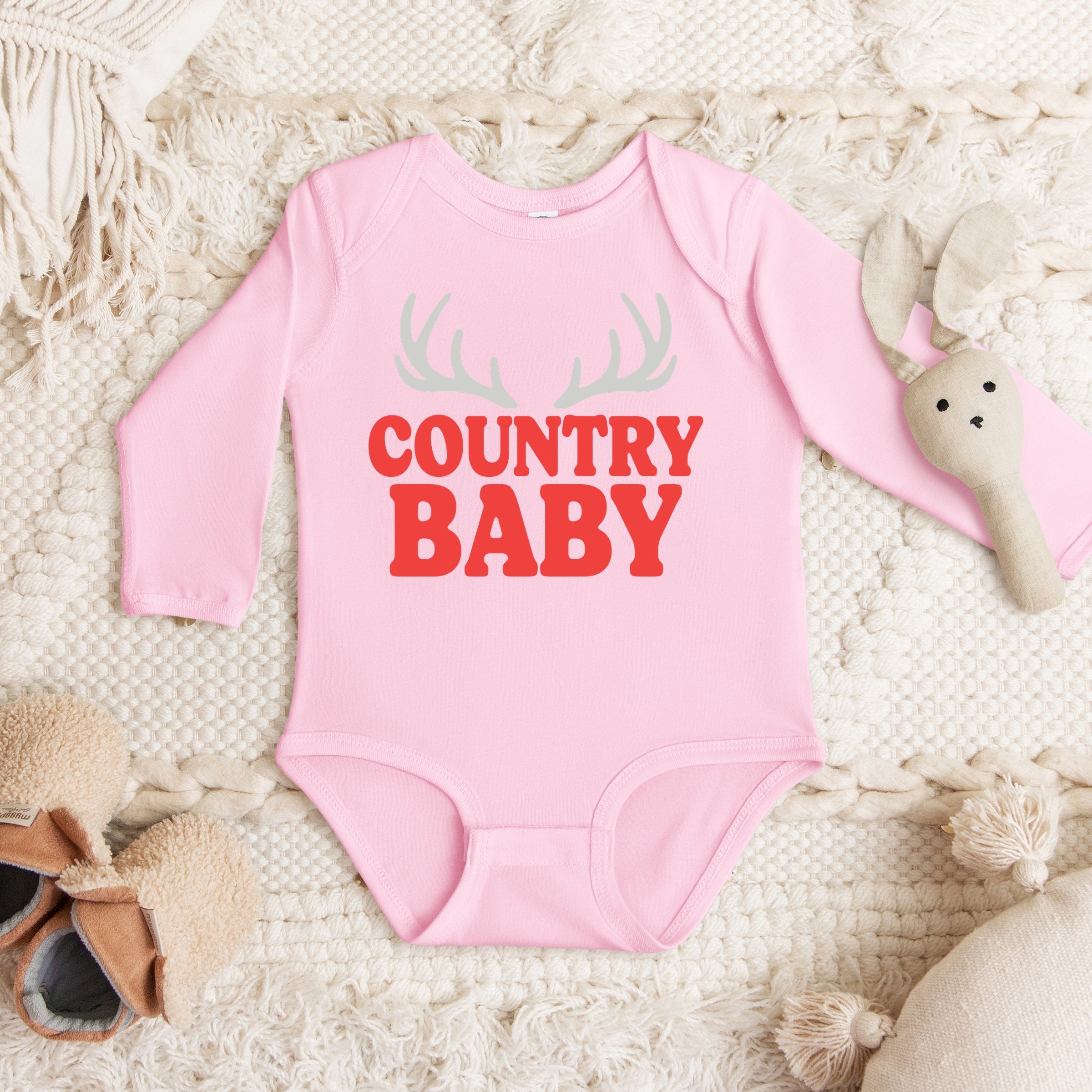 Country Baby Antlers Puff Print - Baby Long Sleeve Bodysuit