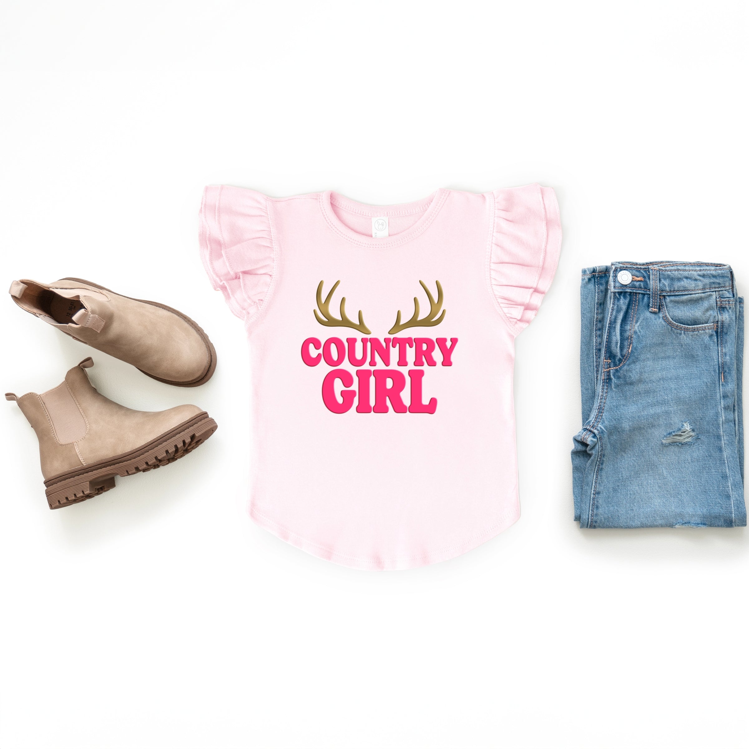 Country Girl Antlers Puff Print - Flutter Sleeve Graphic T-Shirt