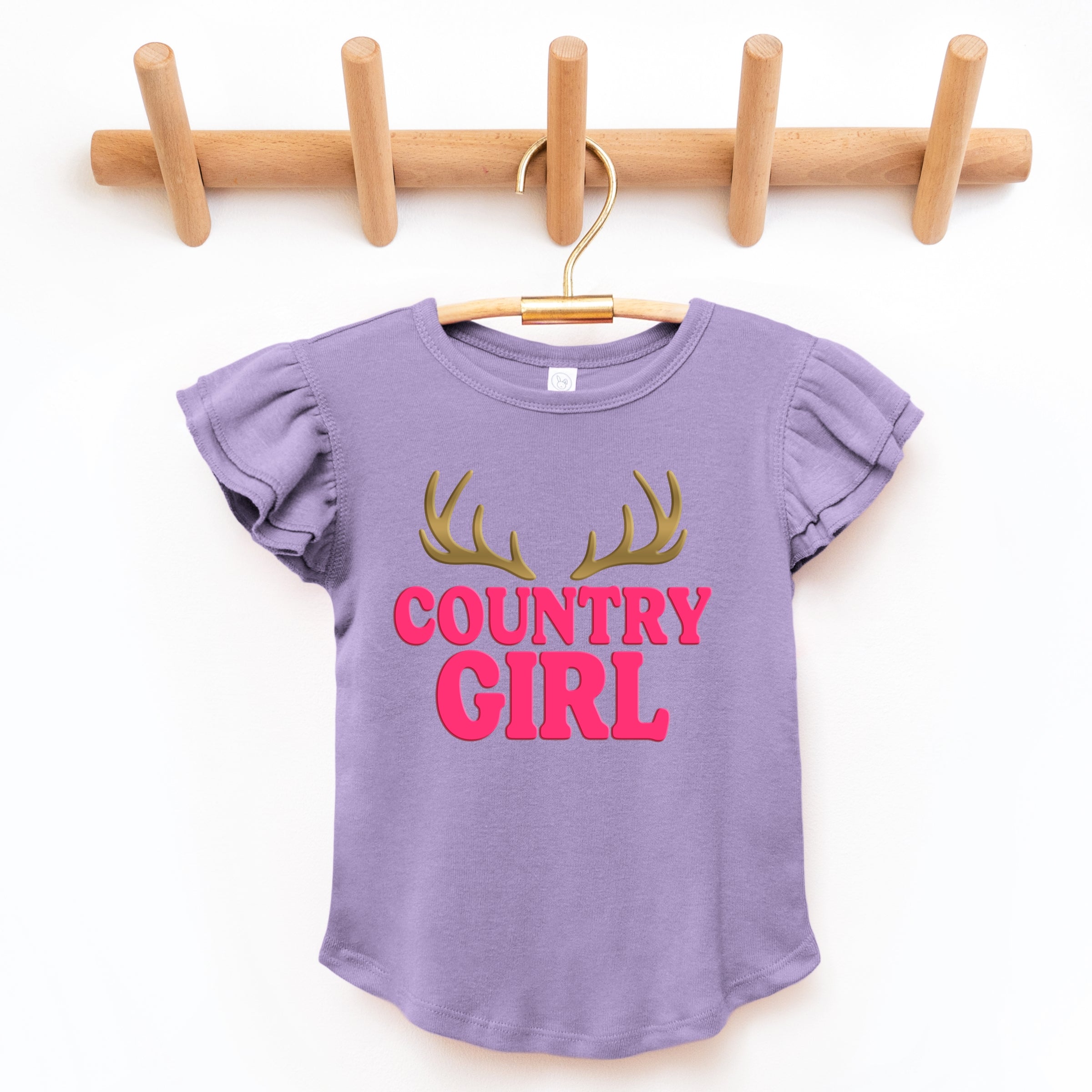 Country Girl Antlers Puff Print - Flutter Sleeve Graphic T-Shirt