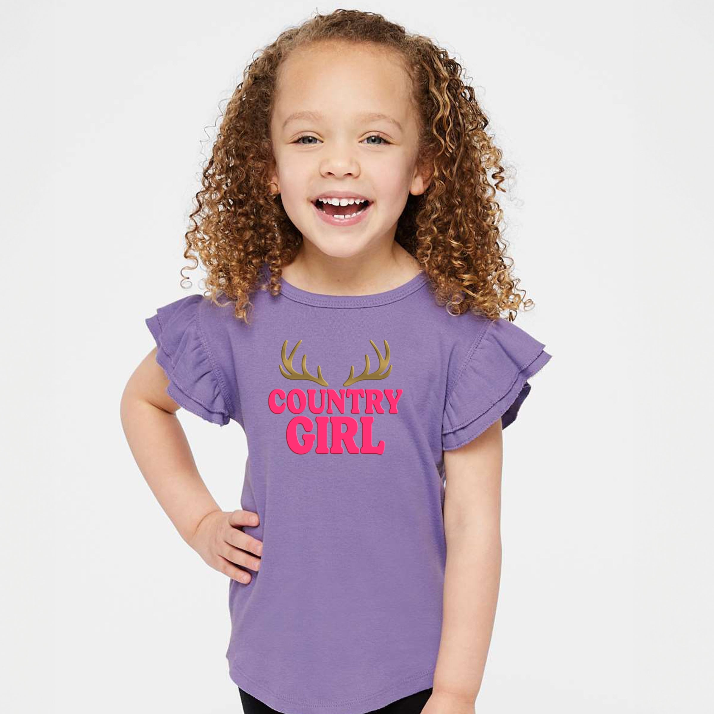 Country Girl Antlers Puff Print - Flutter Sleeve Graphic T-Shirt