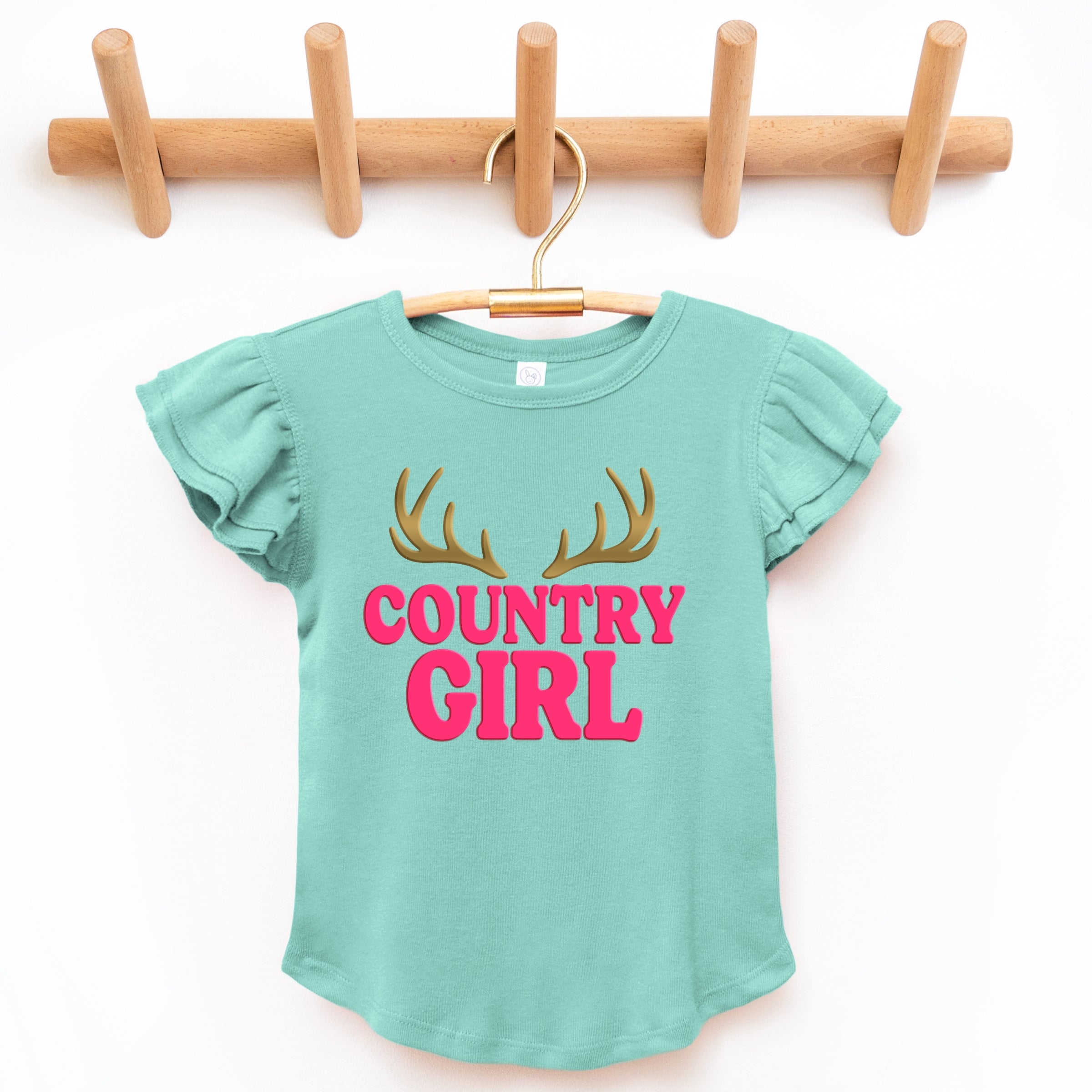 Country Girl Antlers Puff Print - Flutter Sleeve Graphic T-Shirt