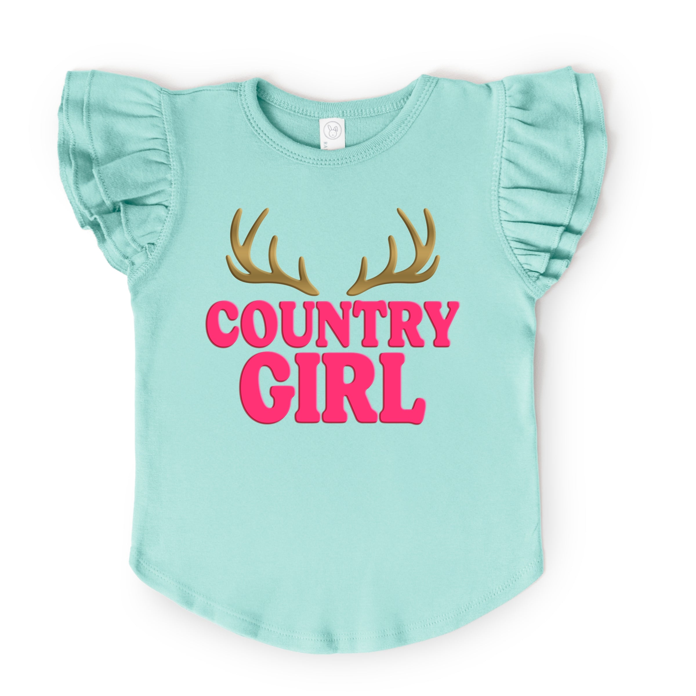Country Girl Antlers Puff Print - Flutter Sleeve Graphic T-Shirt