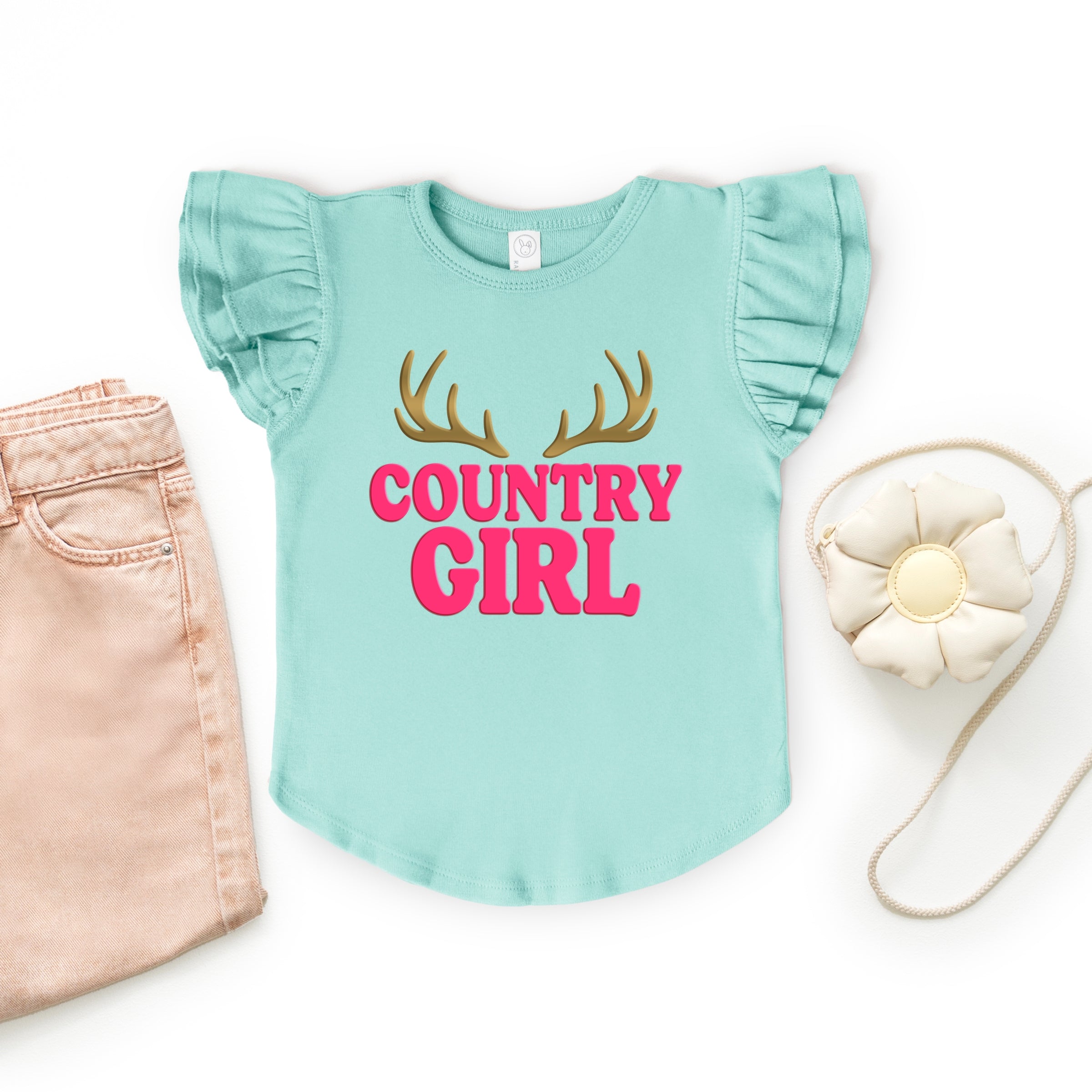Country Girl Antlers Puff Print - Flutter Sleeve Graphic T-Shirt