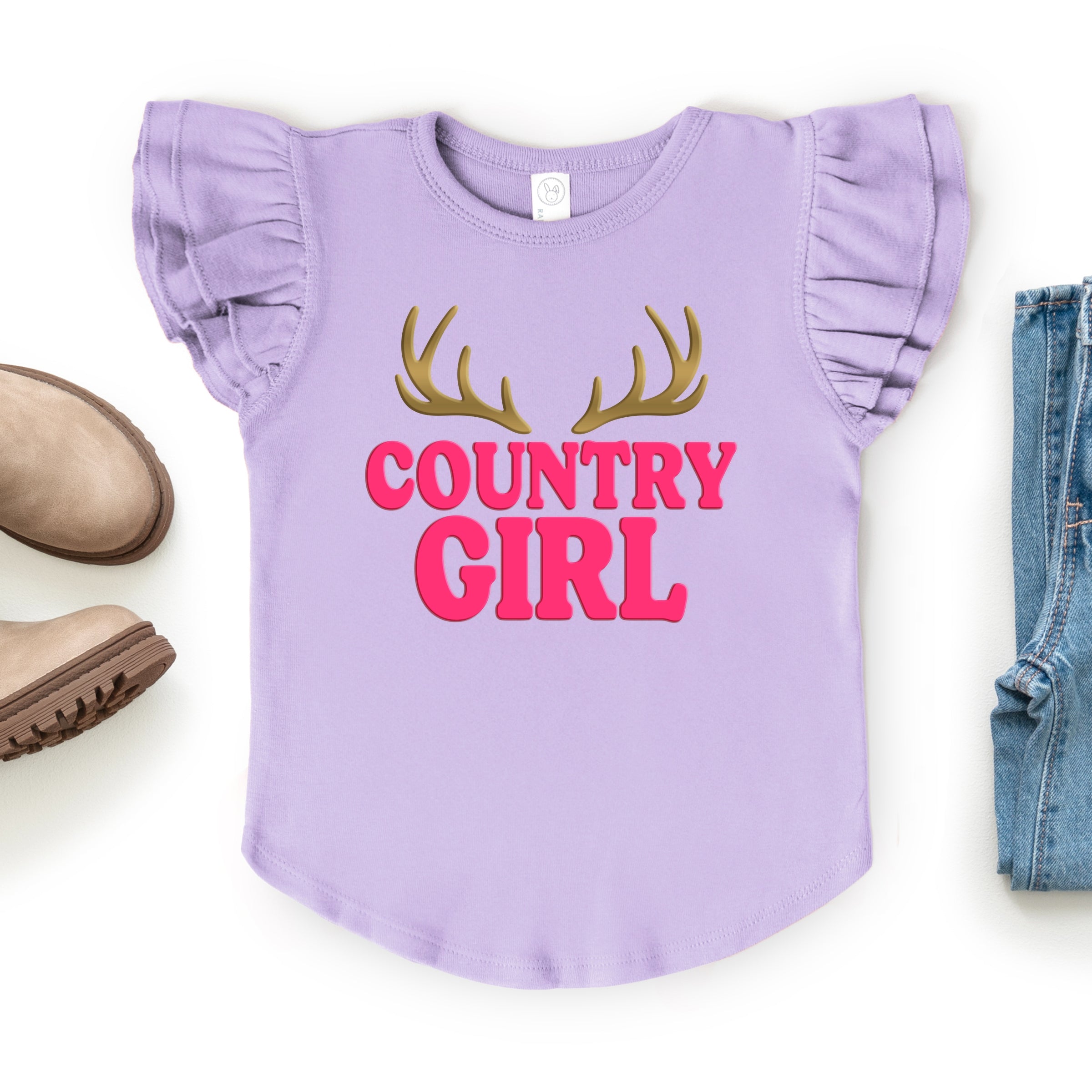 Country Girl Antlers Puff Print - Flutter Sleeve Graphic T-Shirt