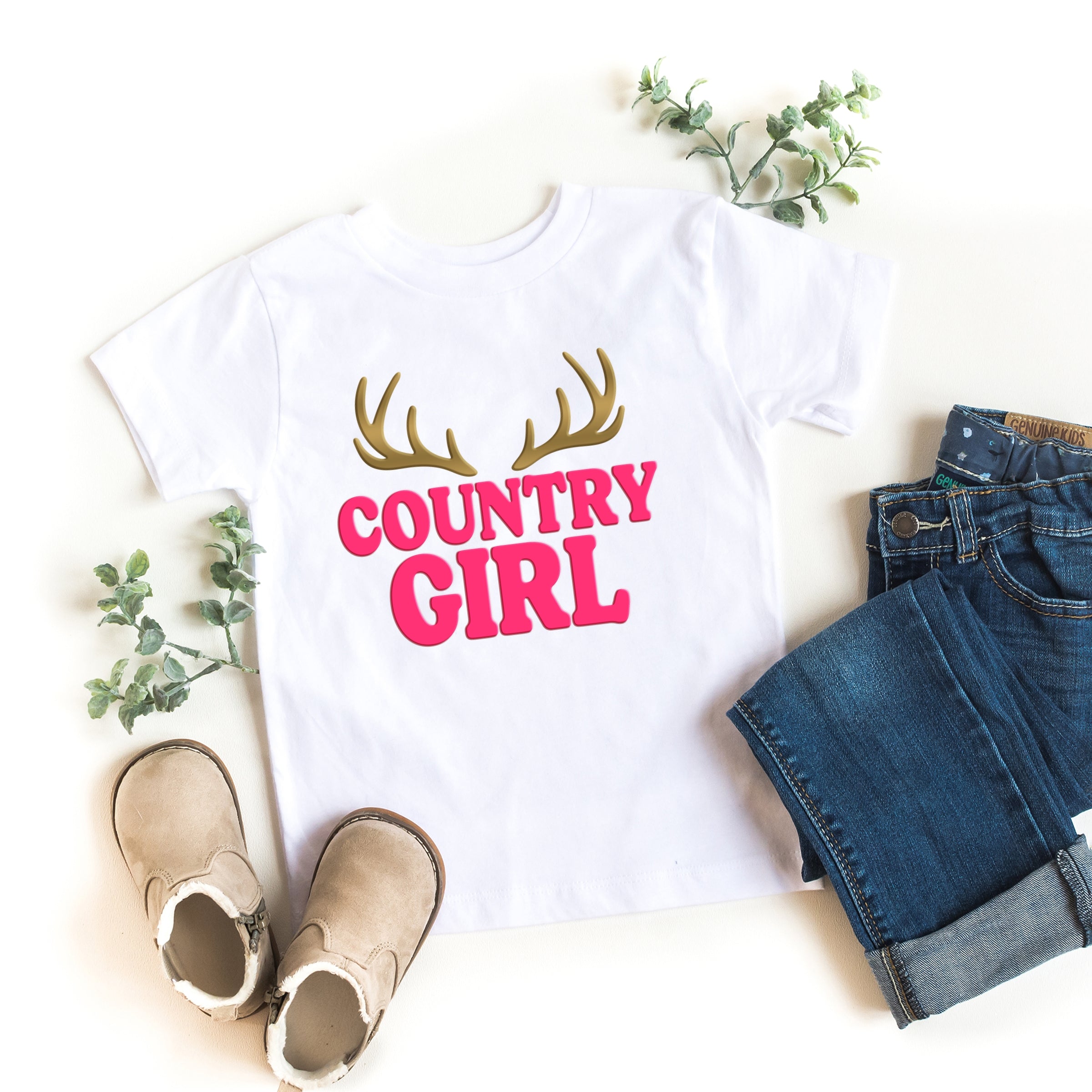 Country Girl Antlers Puff Print - Toddler Short Sleeve Graphic T-Shirt