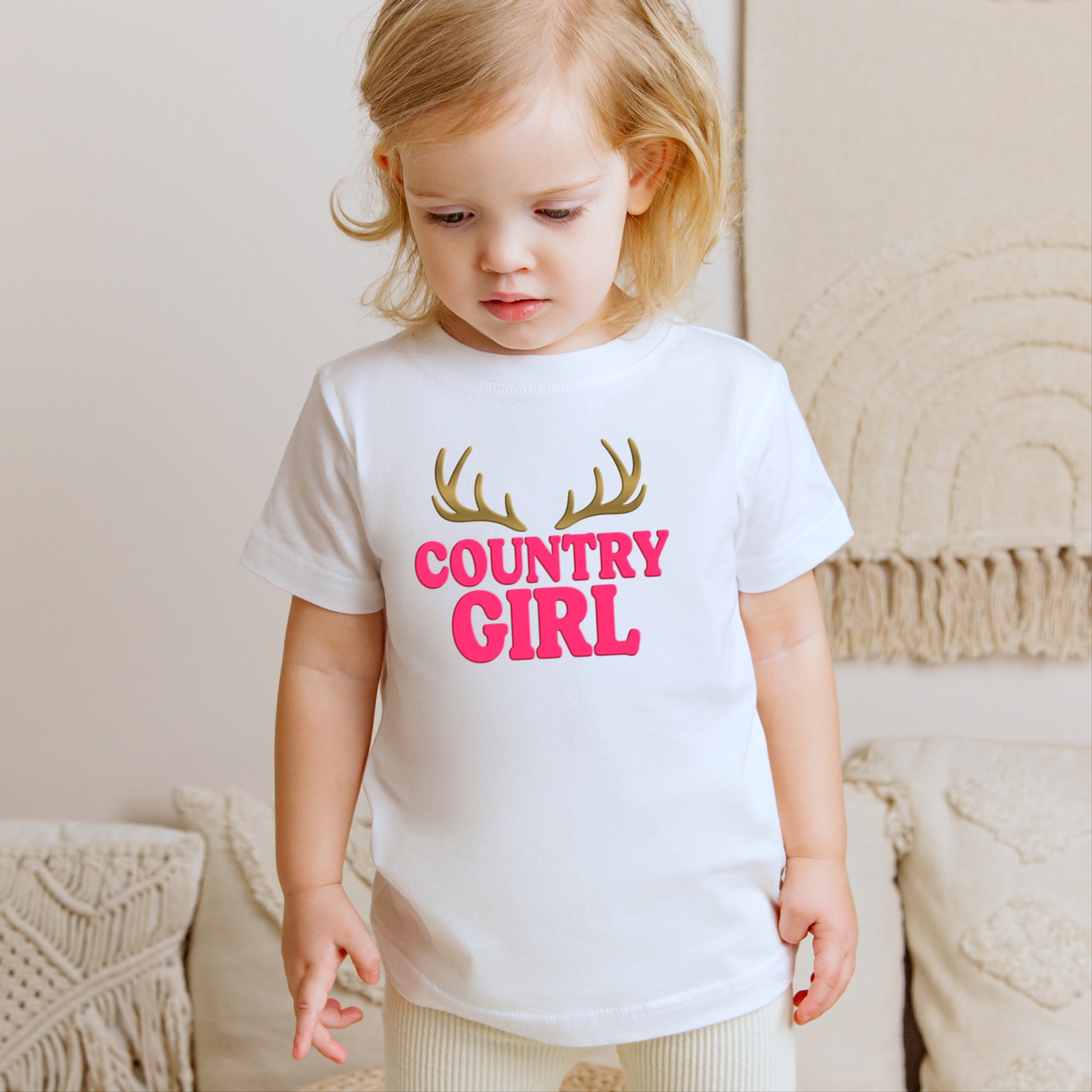 Country Girl Antlers Puff Print - Toddler Short Sleeve Graphic T-Shirt