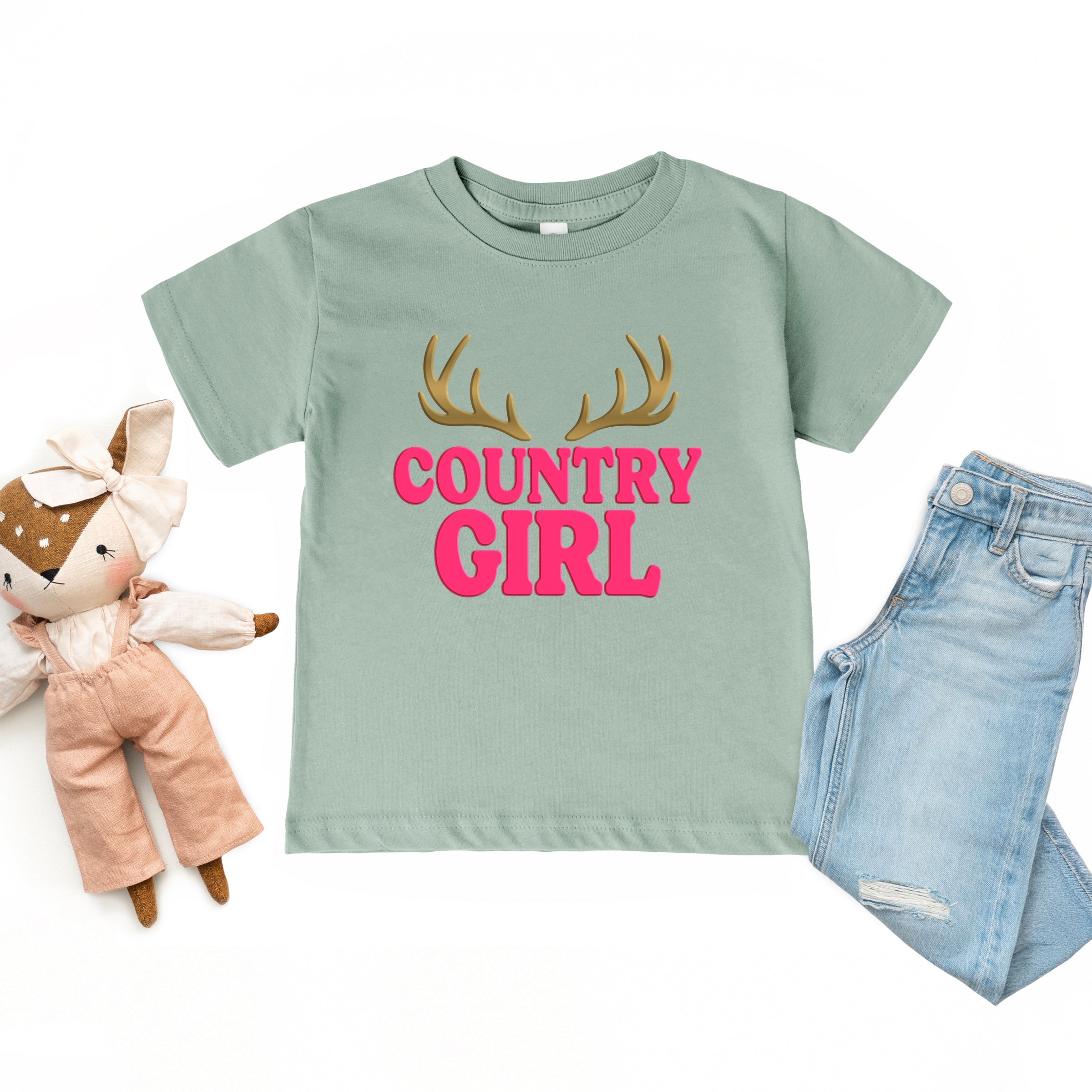 Country Girl Antlers Puff Print - Toddler Short Sleeve Graphic T-Shirt