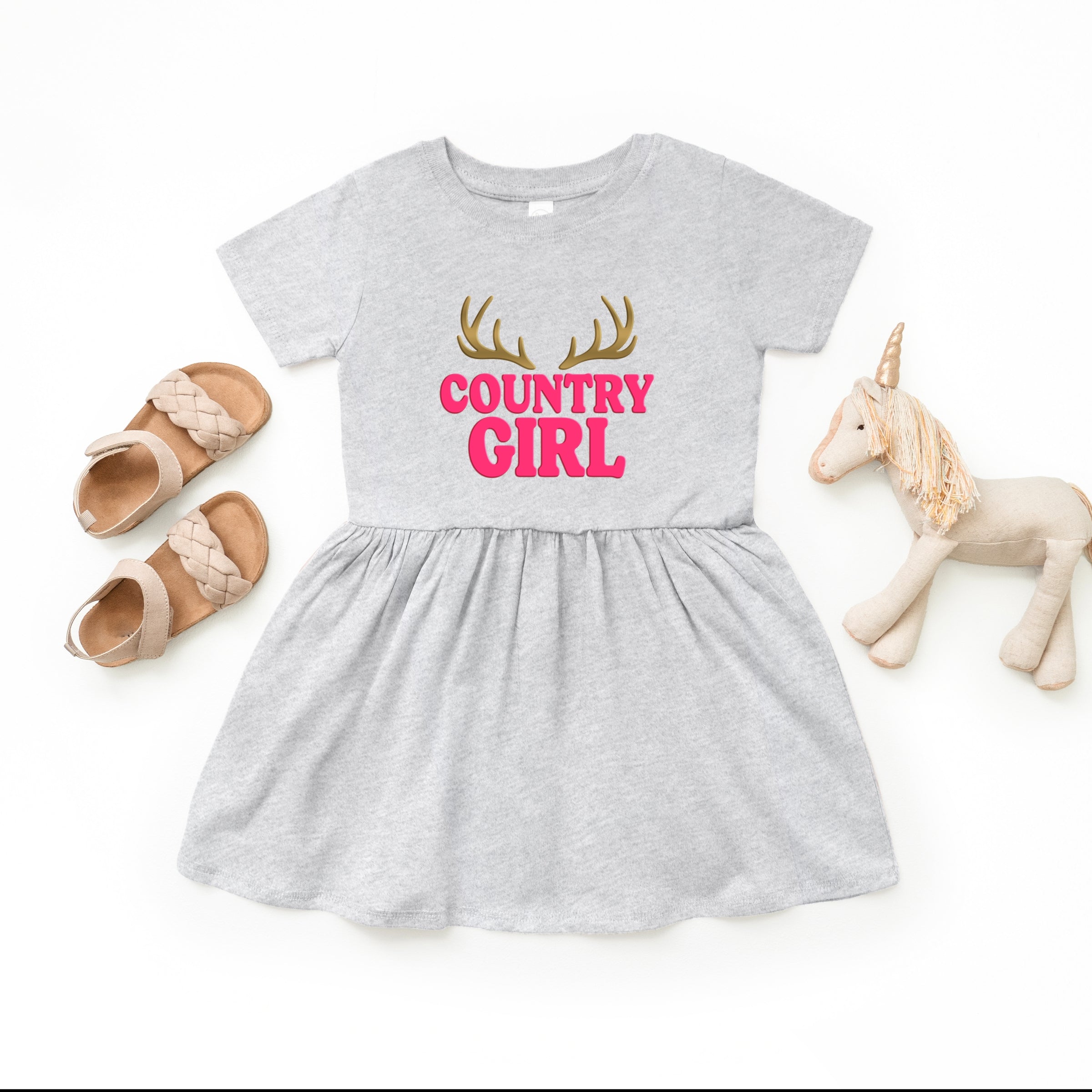Country Girl Antlers Puff Print - Toddler Graphic Dress