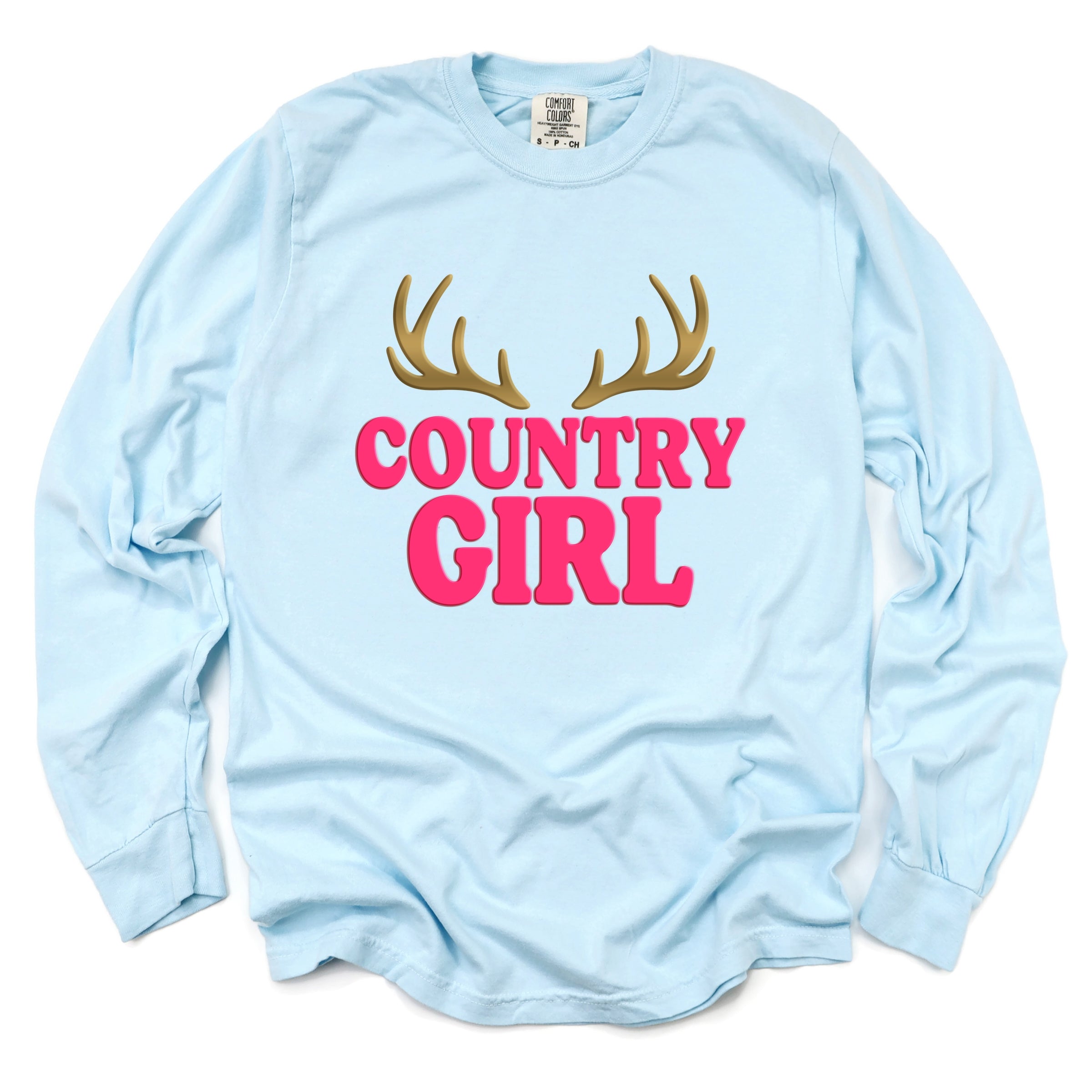 Country Girl Antlers Puff Print - Womens Garment Dyed Long Sleeve Graphic T-Shirt