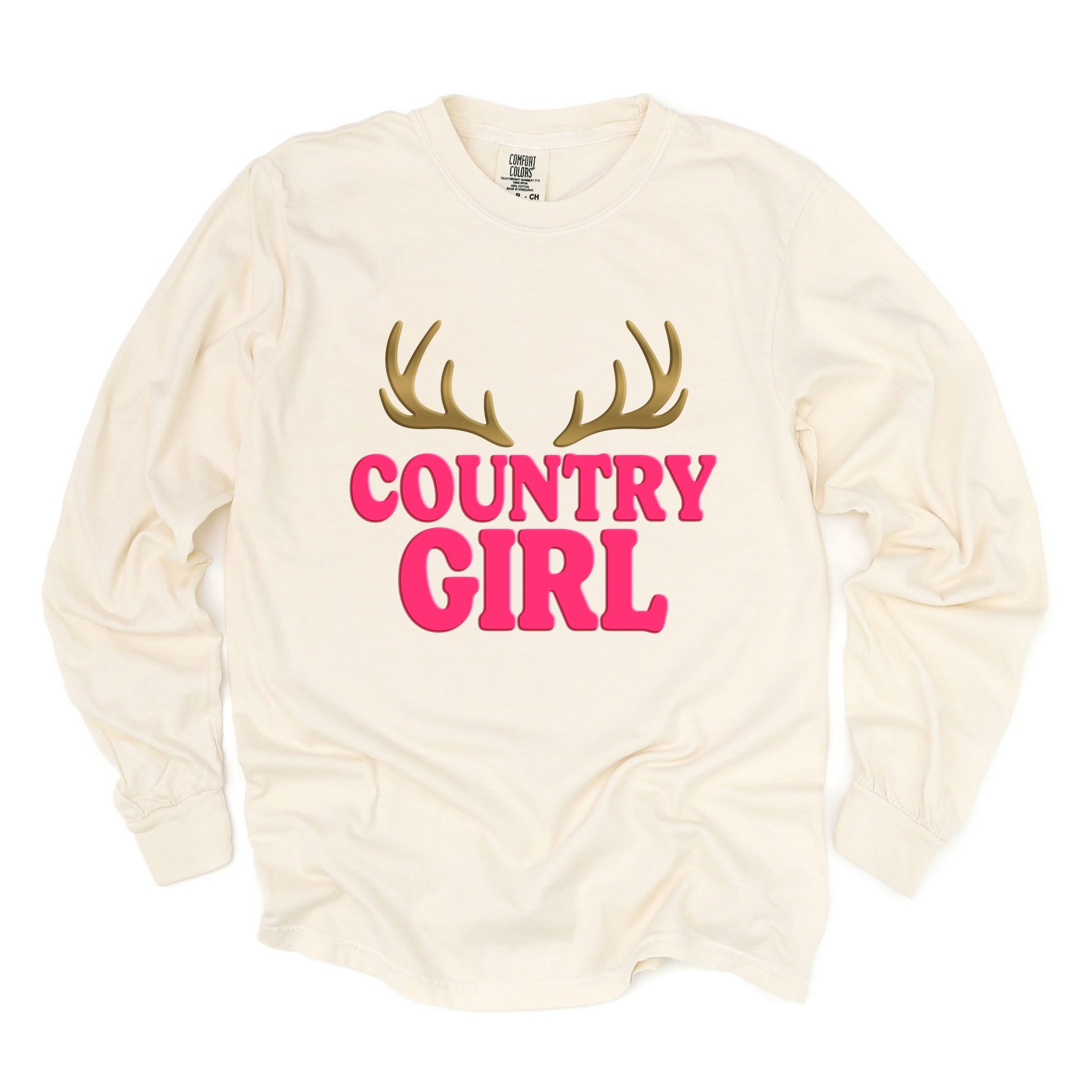 Country Girl Antlers Puff Print - Womens Garment Dyed Long Sleeve Graphic T-Shirt