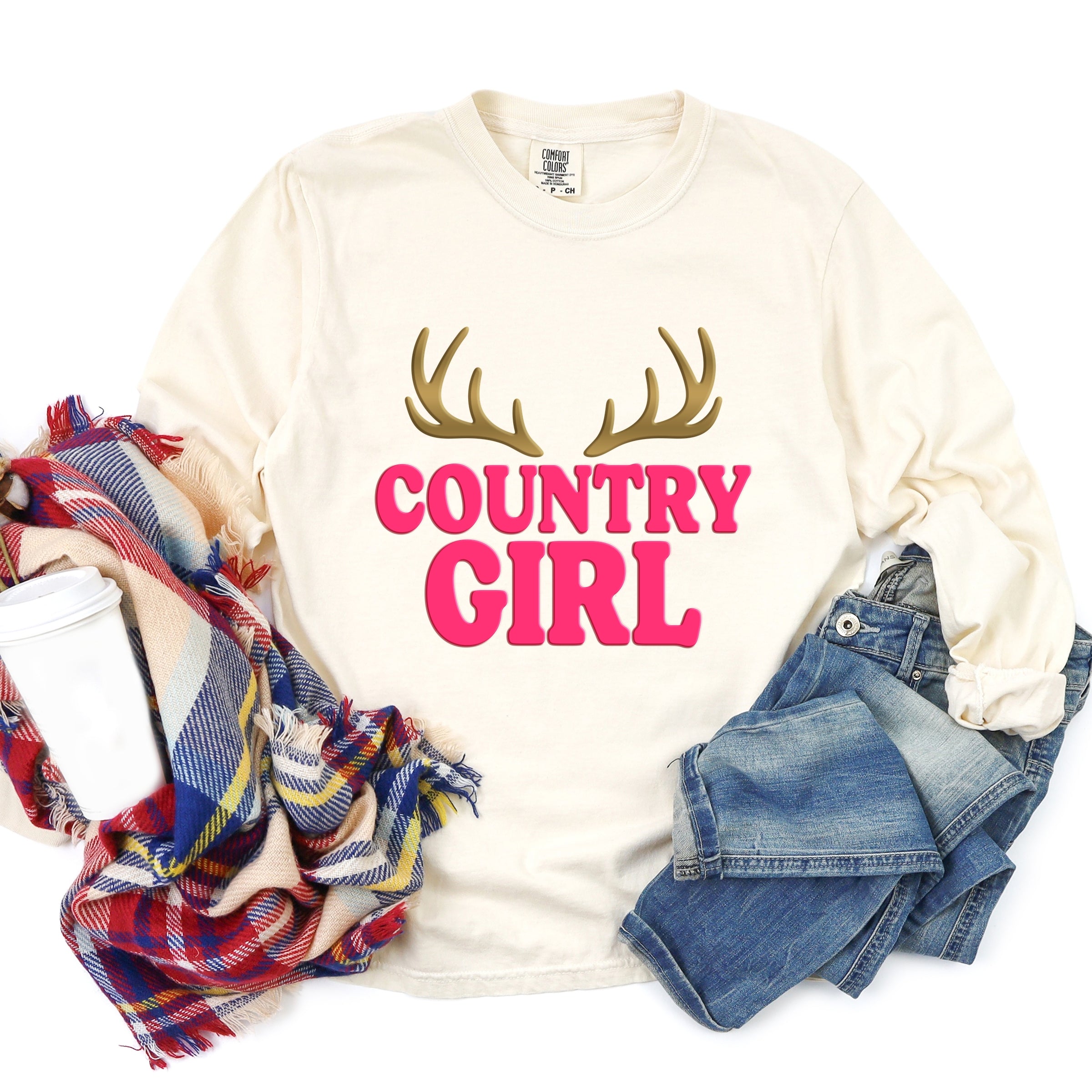 Country Girl Antlers Puff Print - Womens Garment Dyed Long Sleeve Graphic T-Shirt