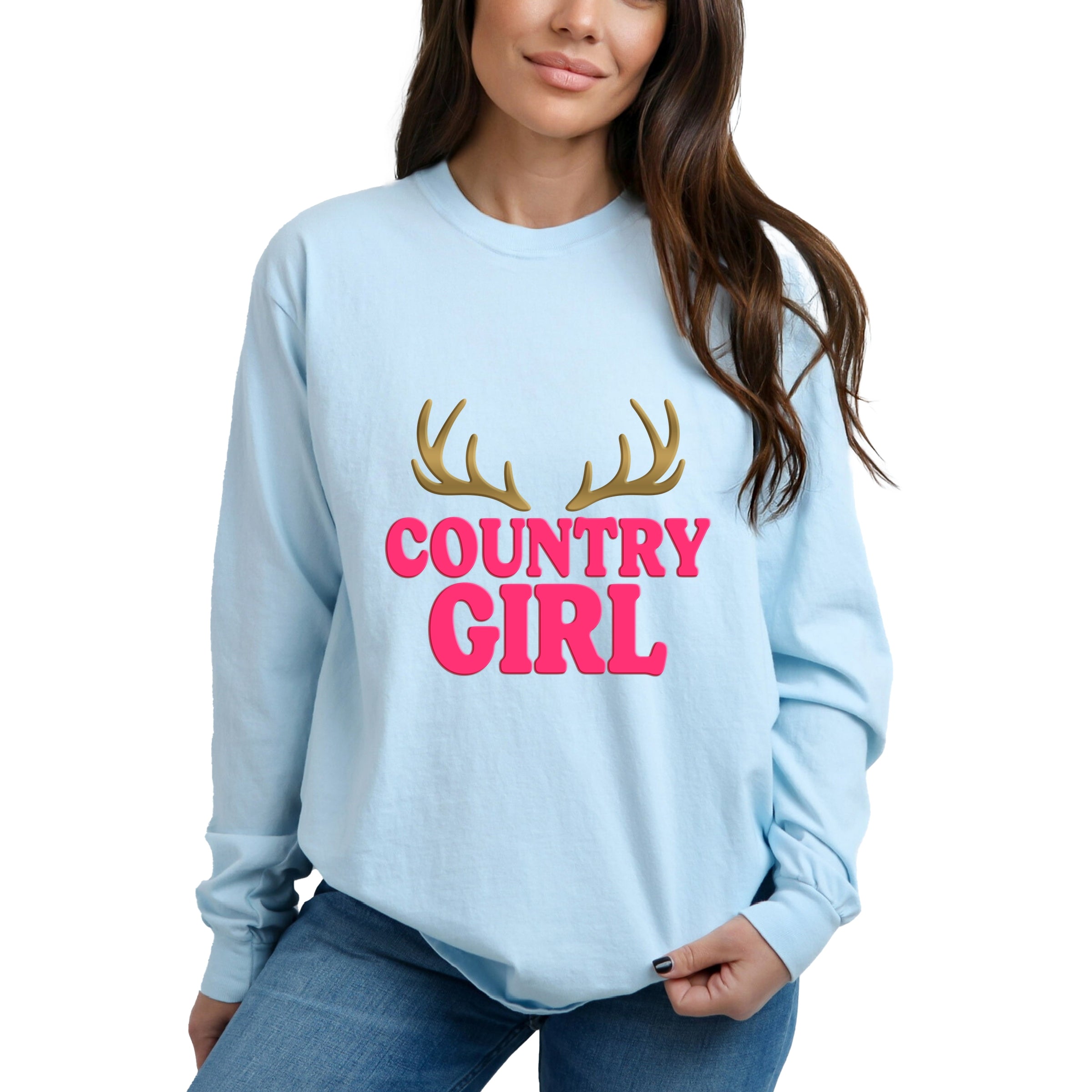 Country Girl Antlers Puff Print - Womens Garment Dyed Long Sleeve Graphic T-Shirt